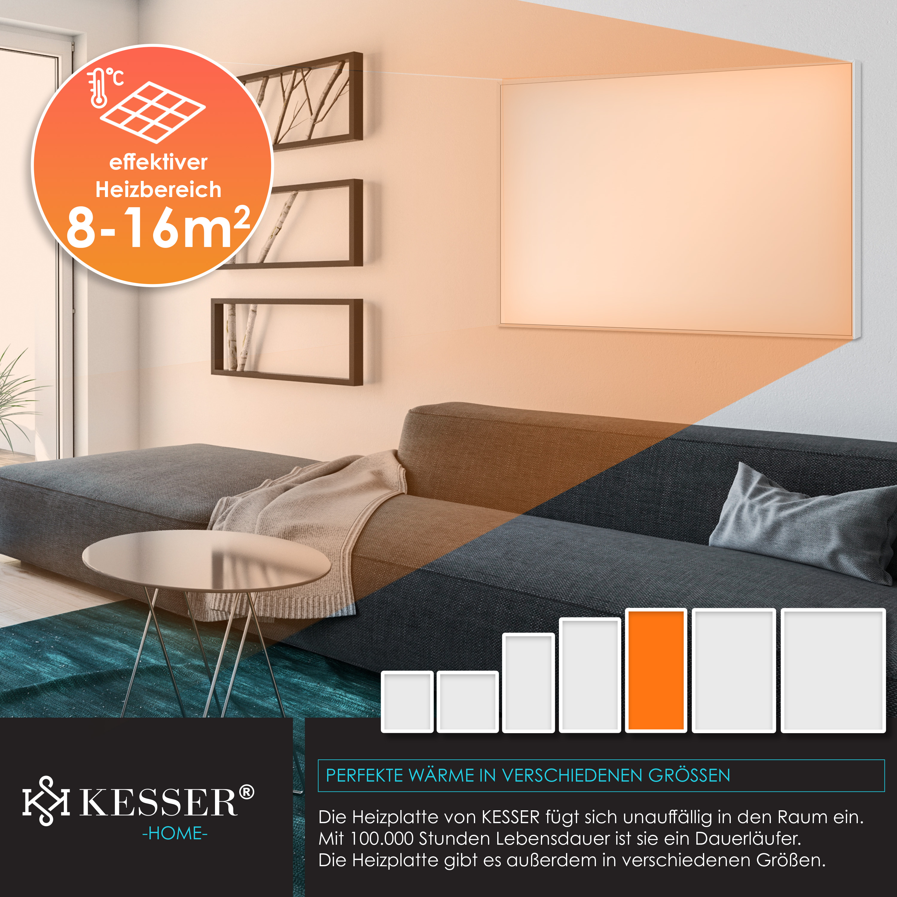 Wohnzimmer mit KESSER Infrarotheizung an der Wand, grauem Sofa und rundem Tisch.
