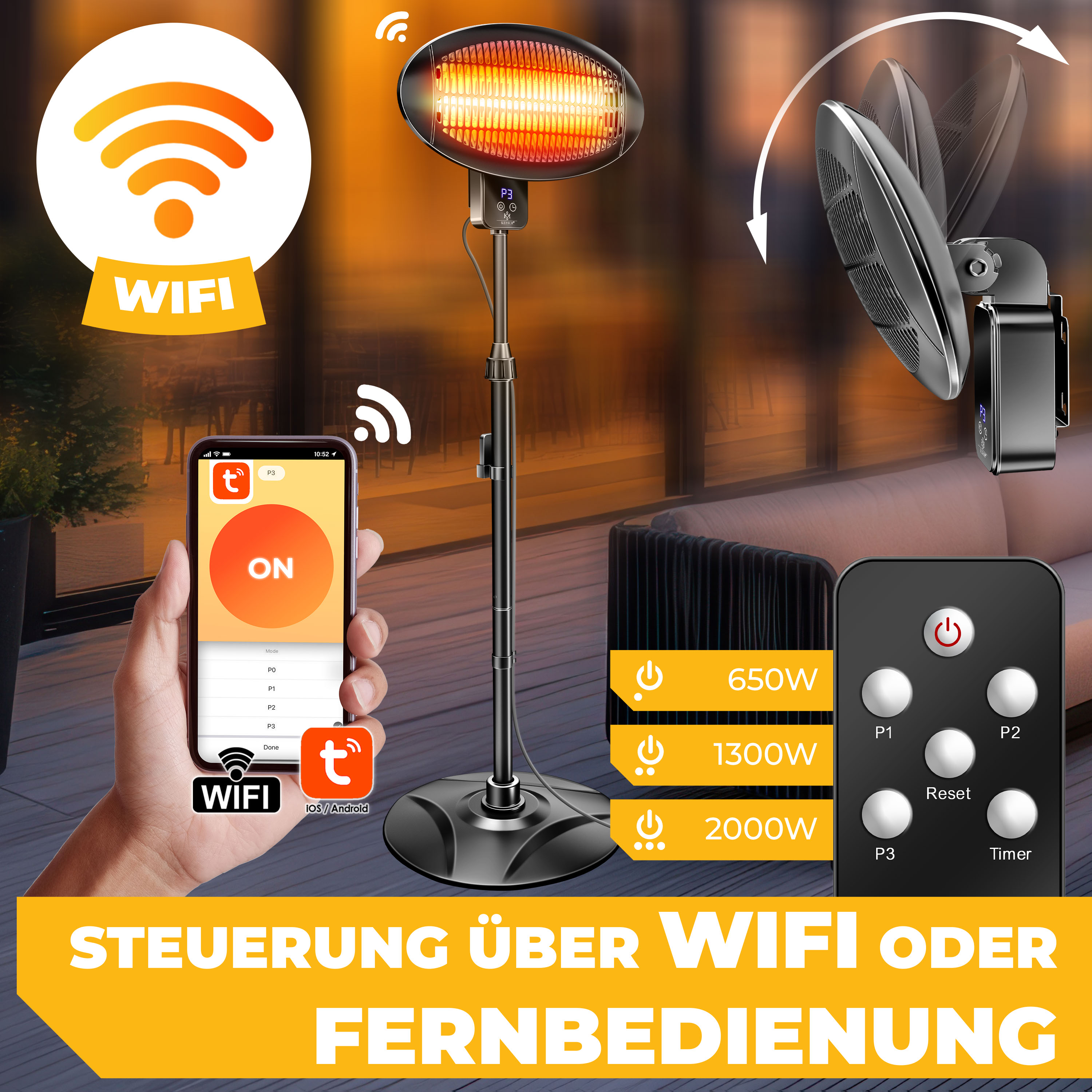 Standheizstrahler mit WLAN-Steuerung, App, Fernbedienung und verstellbarem Kopf.