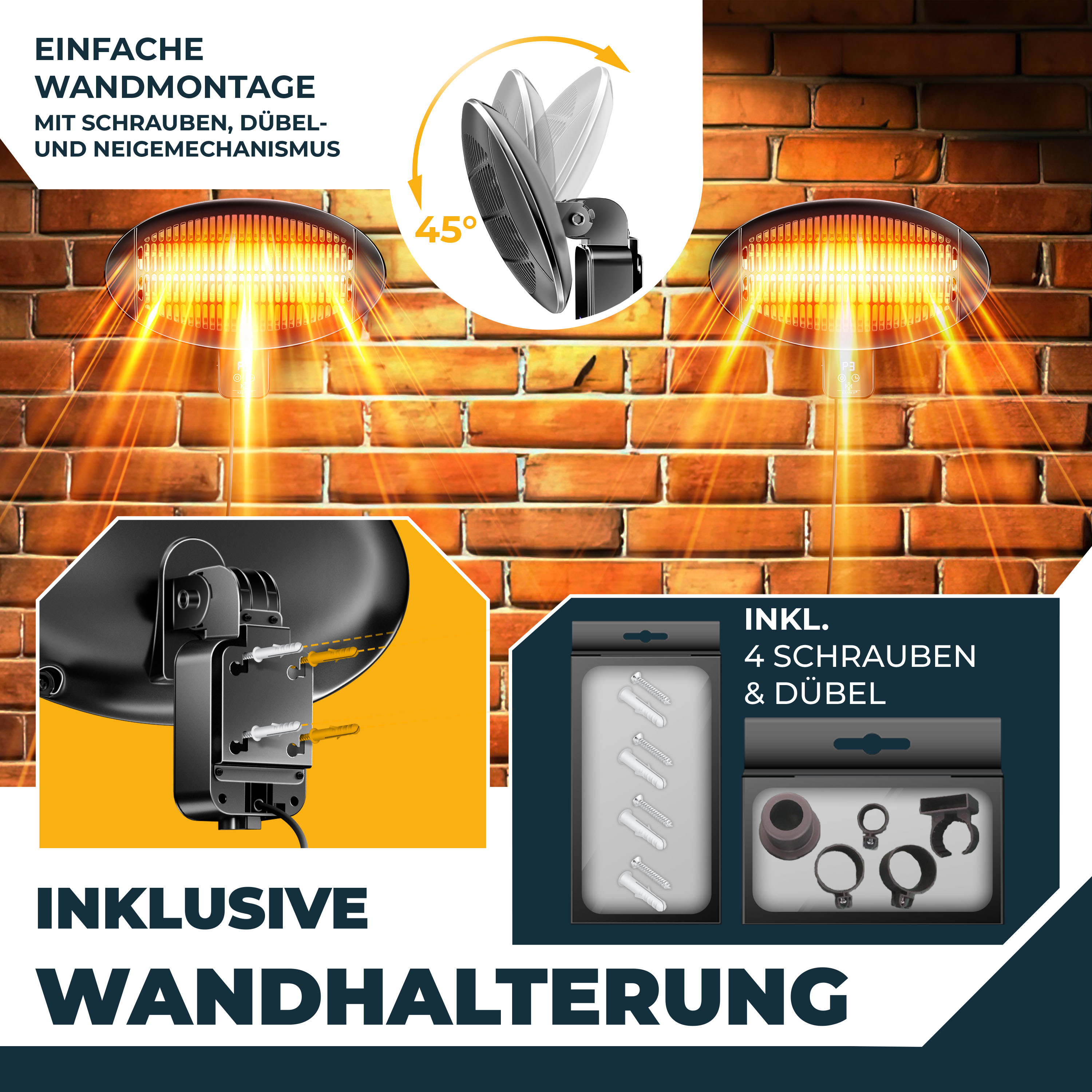 Wandmontierter Infrarot-Heizstrahler vor Ziegelwand mit 45-Grad-Neigung und Montagematerial.