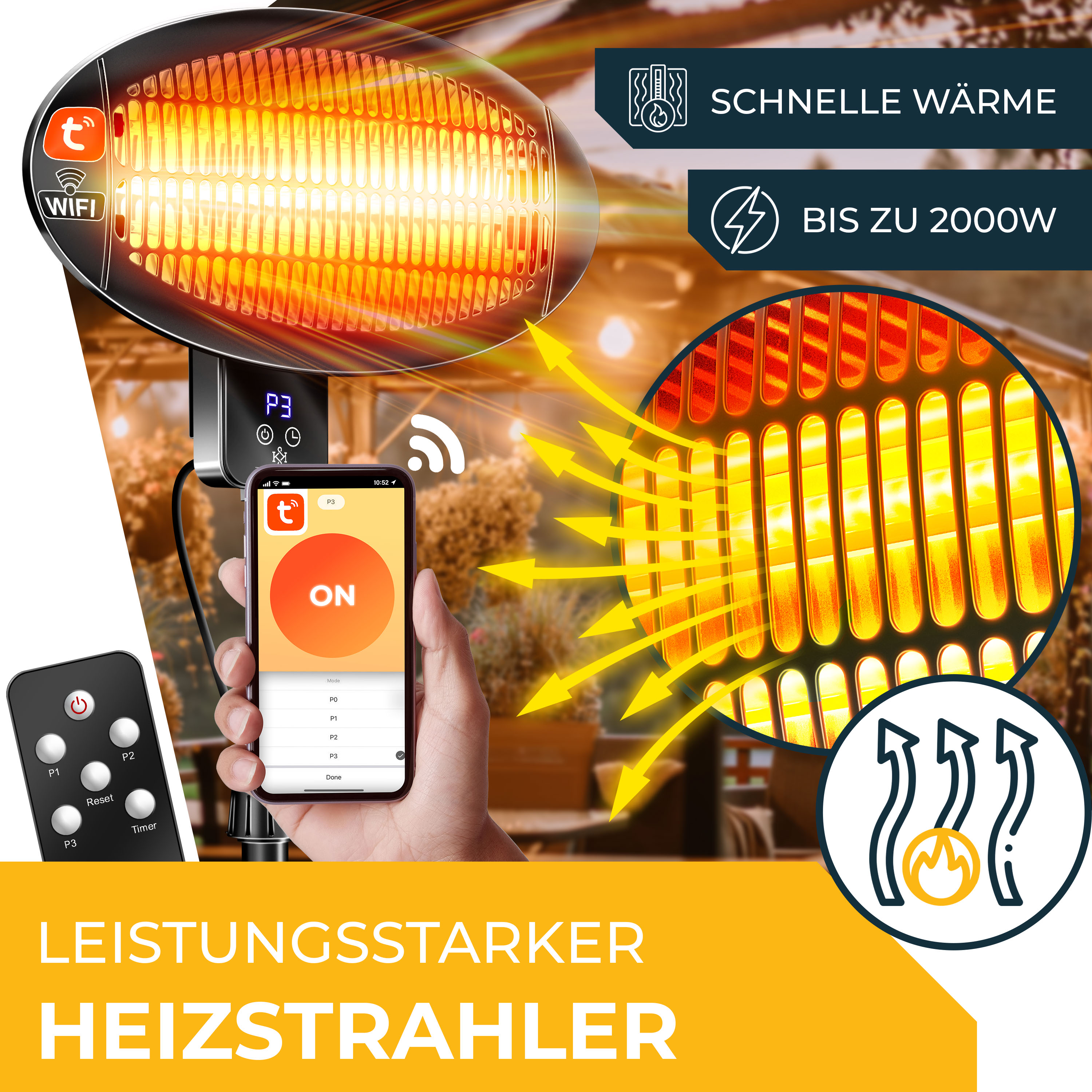 Leistungsstarker 2000W Heizstrahler mit App-Steuerung, Fernbedienung und schneller Wärme.