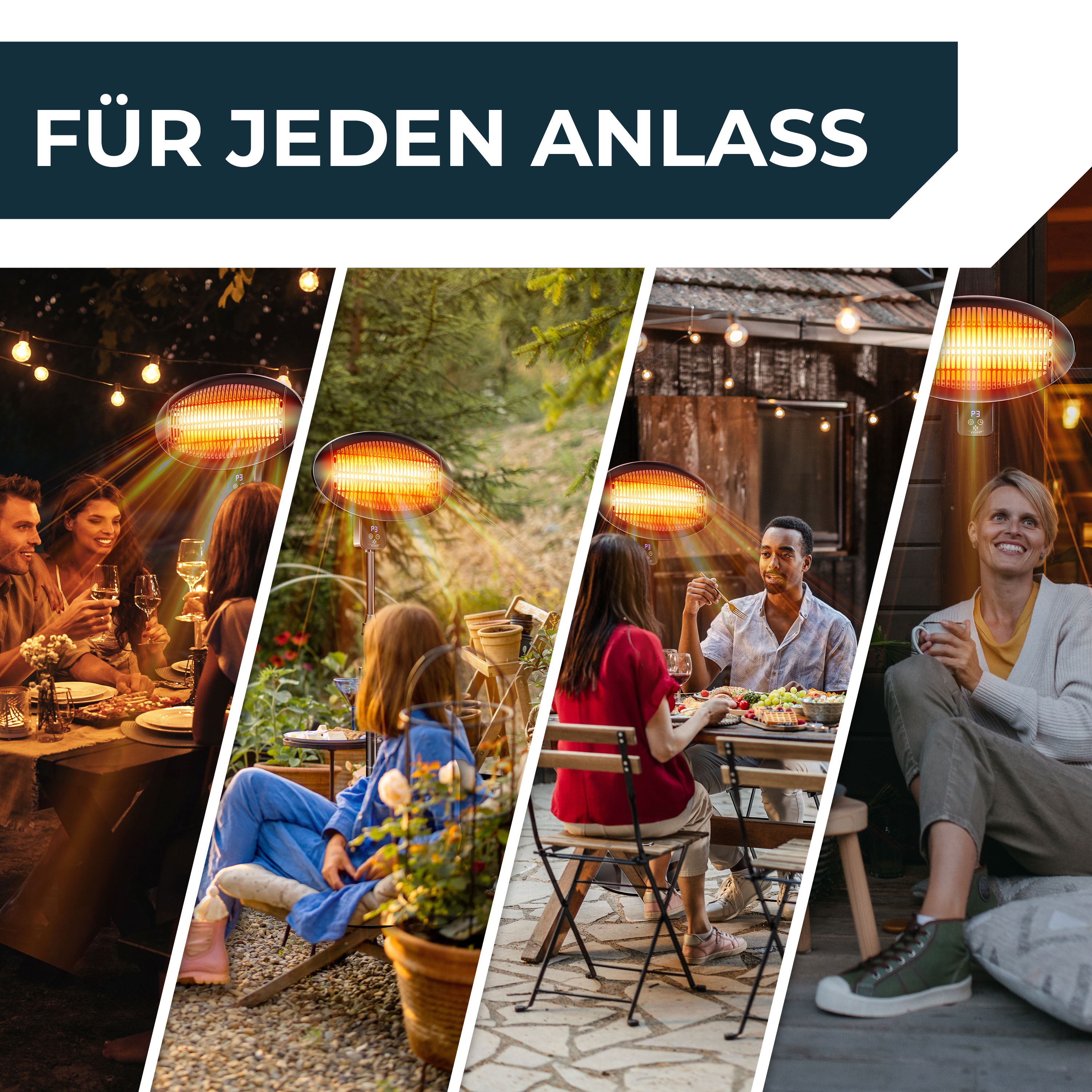 Vier Bilder von Menschen, die im Freien unter Infrarot-Heizstrahlern gemütlich zusammenhocken.