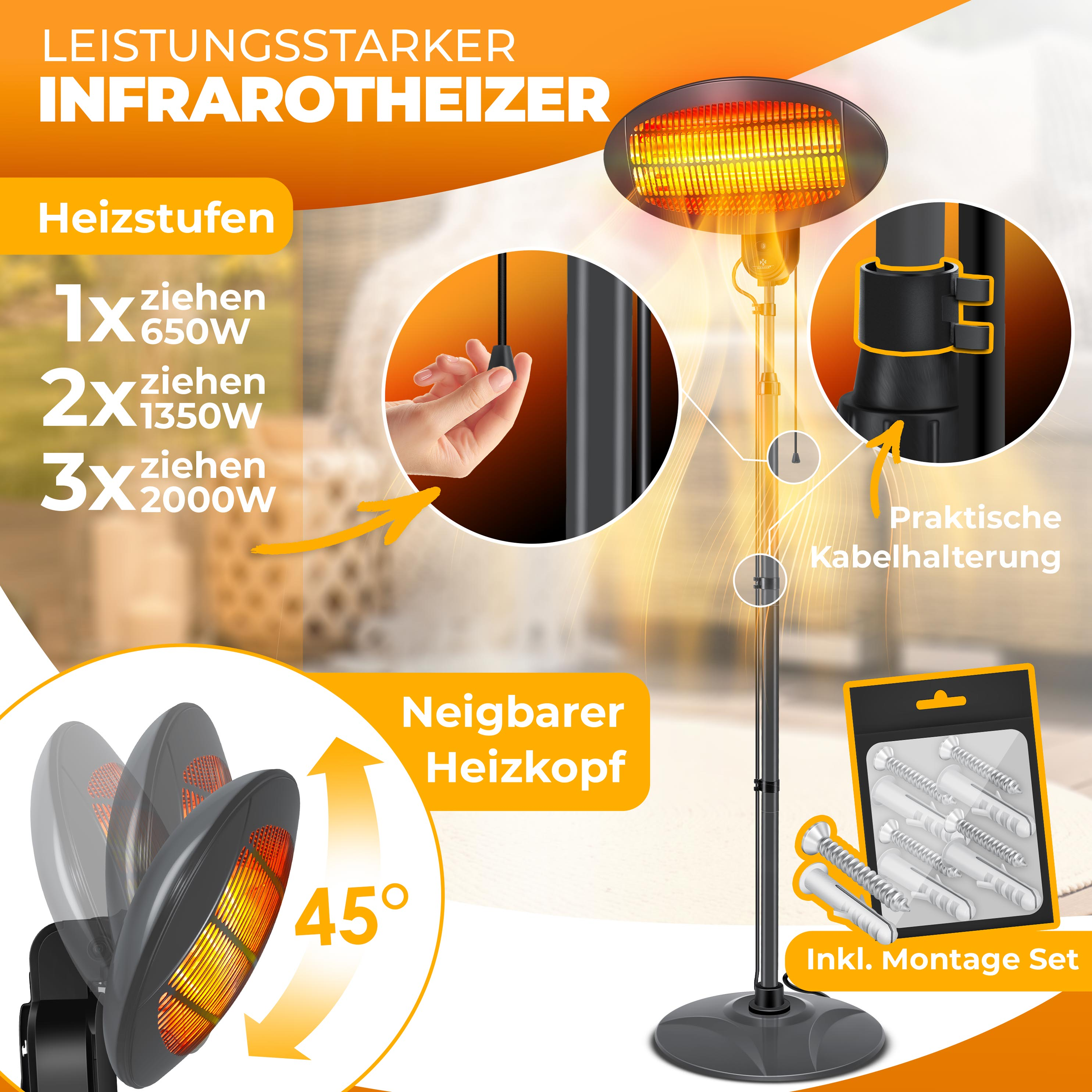 Infrarot-Heizstrahler mit verstellbarem Kopf, Zugschalter, Kabelhalterung und Montageset.