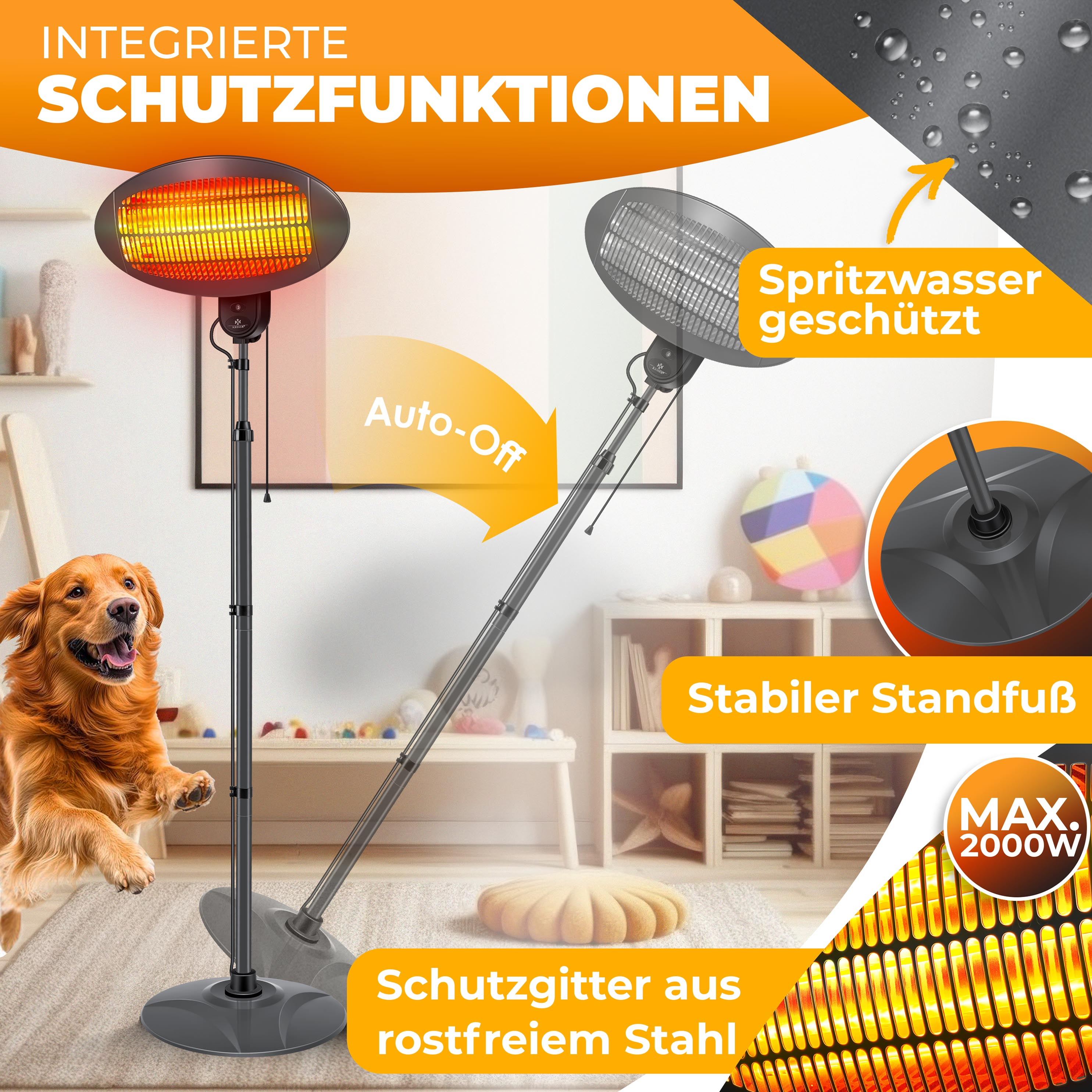 Ein stehender Infrarot-Heizstrahler mit Schutzfunktionen in einem Wohnzimmer, daneben ein Hund und Infografiken.