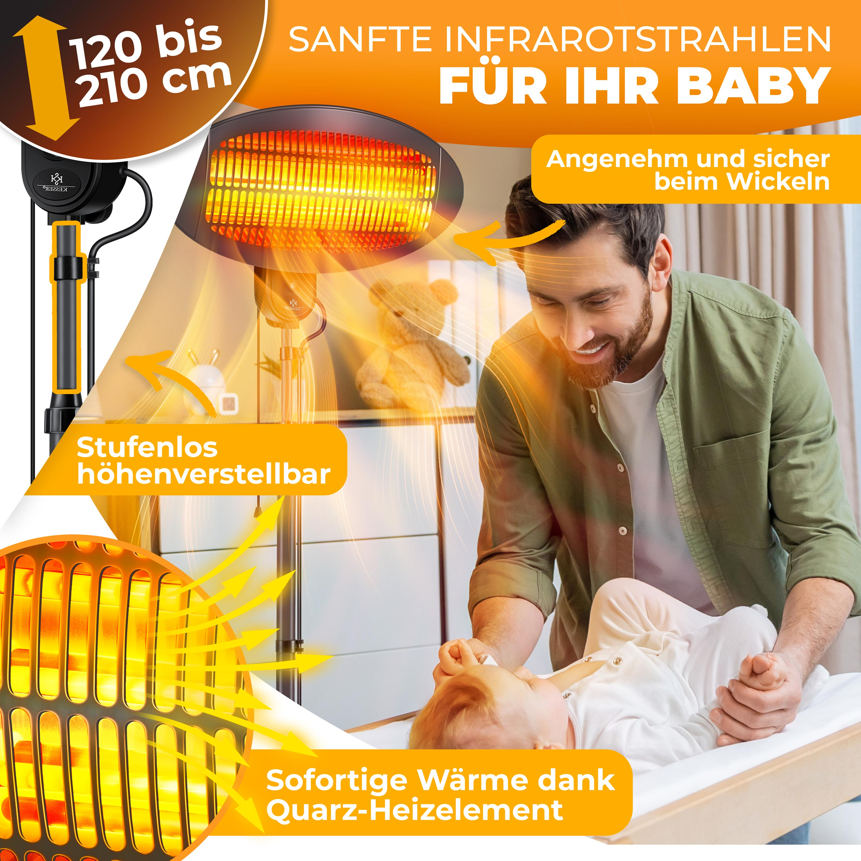 Ein Vater wickelt sein Baby unter einem Strahler mit sanfter Infrarotwärme.
