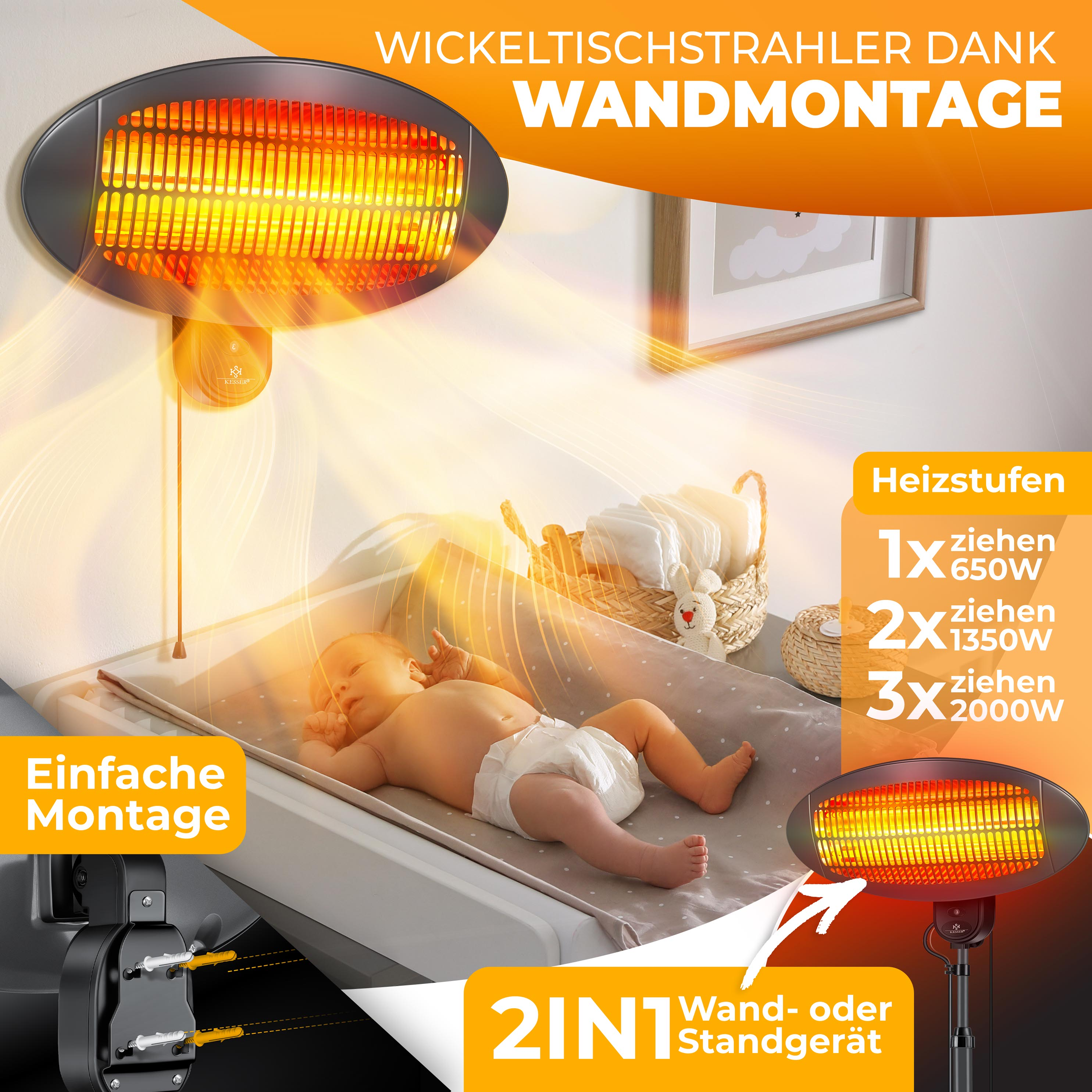 Wickeltischstrahler an Wand montiert, wärmt Baby auf Wickeltisch, mit Text und Infografiken.