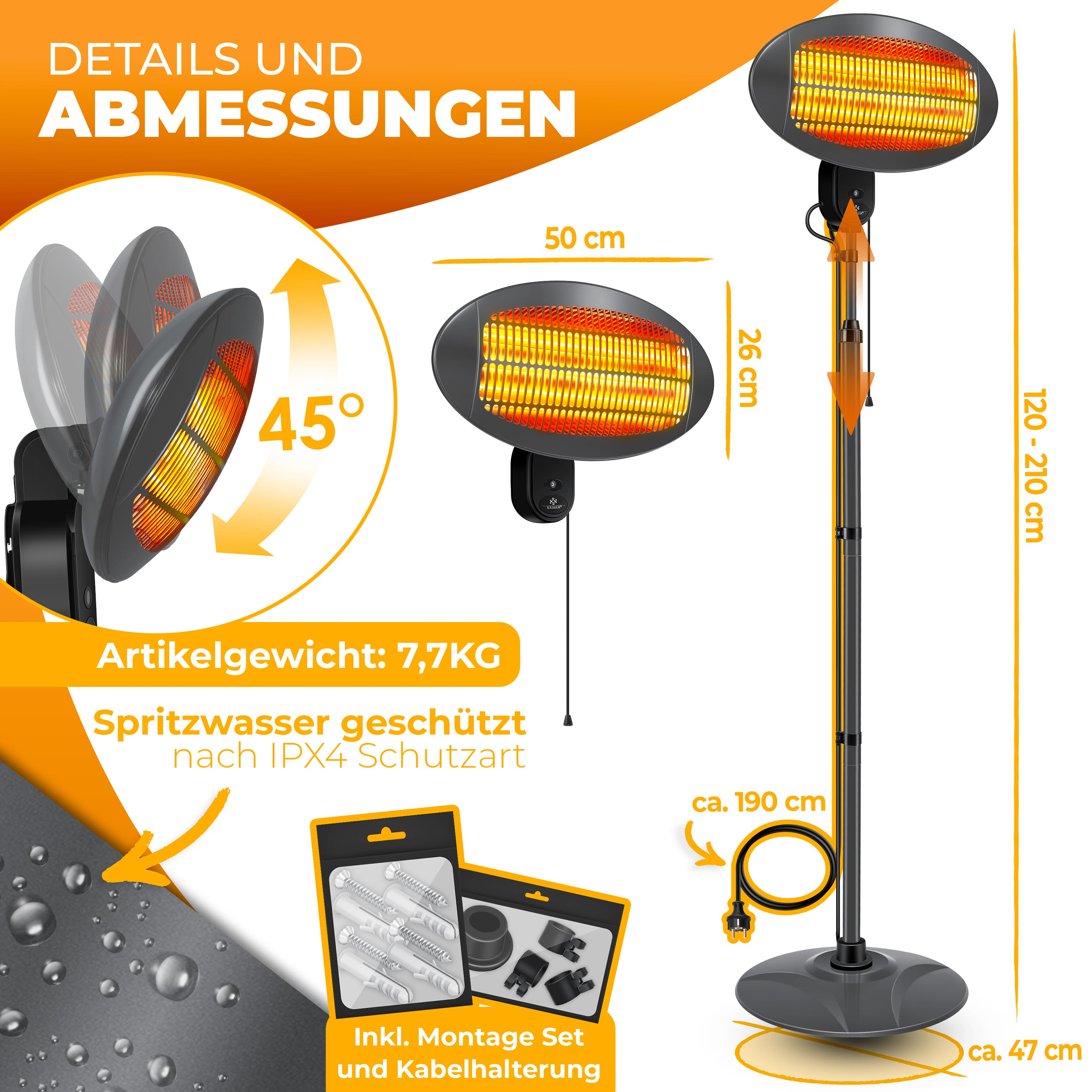 InfraRot-Standheizstrahler mit Abmessungen, 45 Grad Neigung, Montagezubehör und IPX4-Spritzwasserschutz.