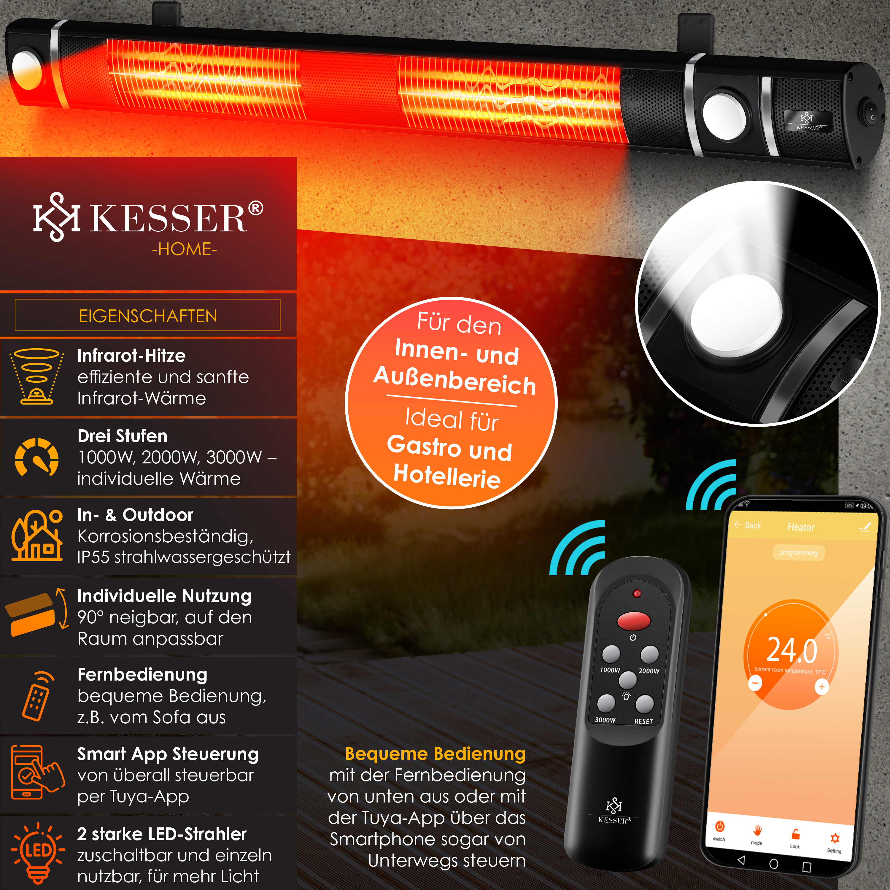 Kesser Infrarot-Heizstrahler mit Fernbedienung, App-Steuerung und Merkmalen auf orangem Hintergrund.