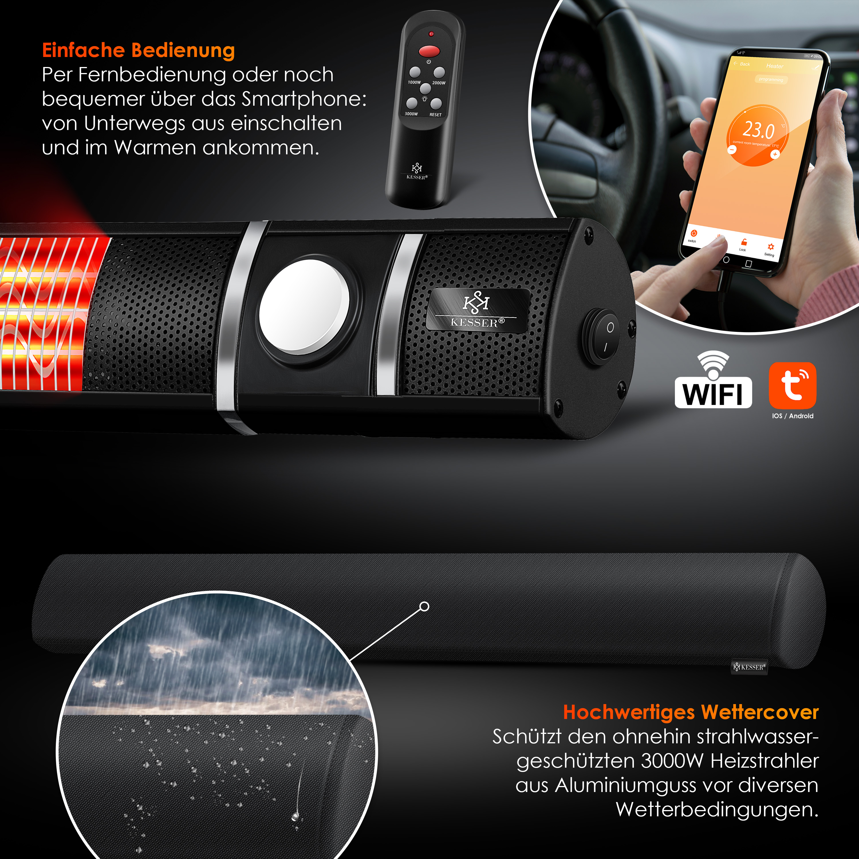 Schwarzer 3000W Heizstrahler mit WLAN, Fernbedienung, App-Steuerung und Schutzhülle gegen Regen.