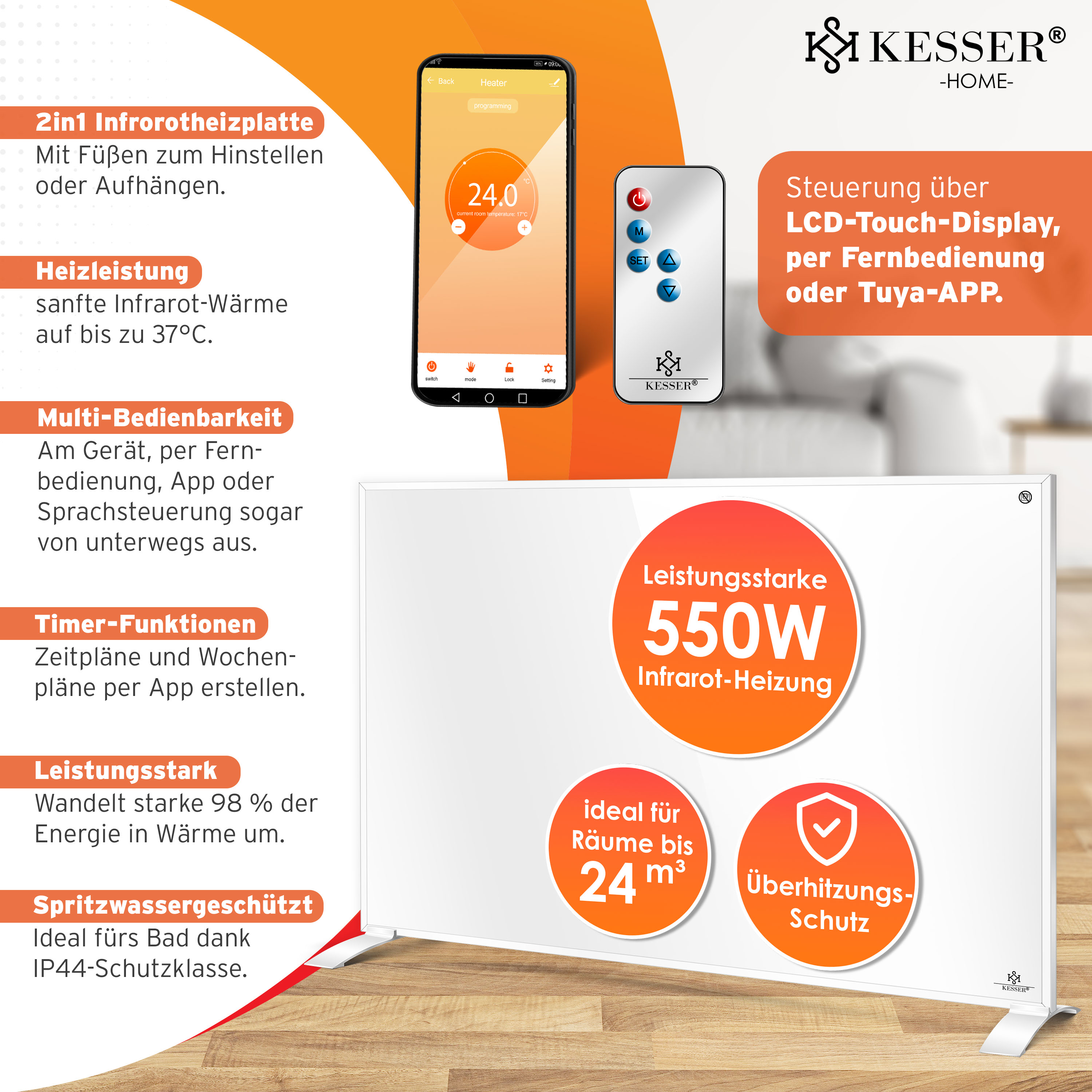 Kesser Infrarotheizung mit 550W, App-, Display- und Fernbedienung, Schutz vor Überhitzung und Spritzwasser.