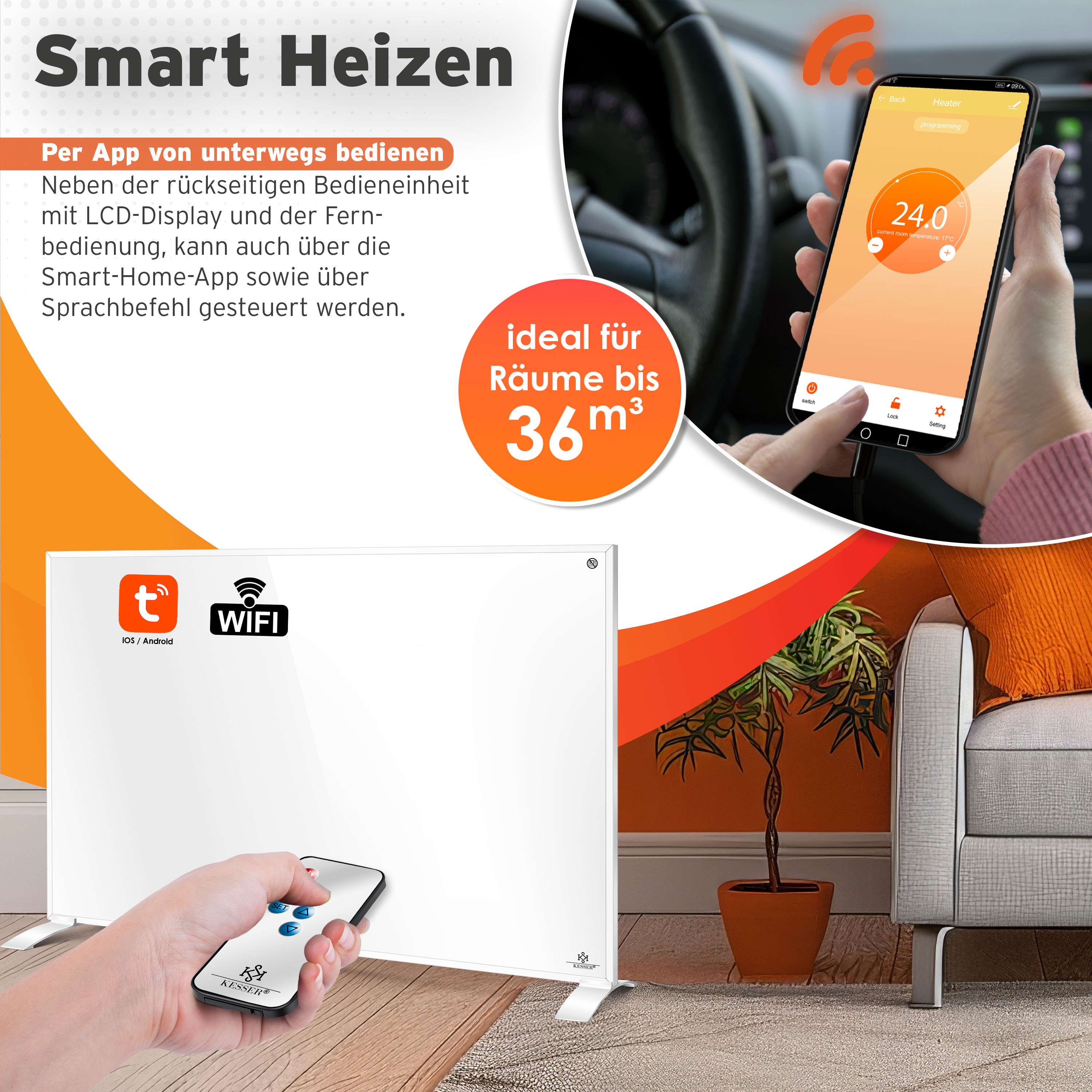 Weißer Smart-Heizkörper, steuerbar per Fernbedienung und Smartphone-App.