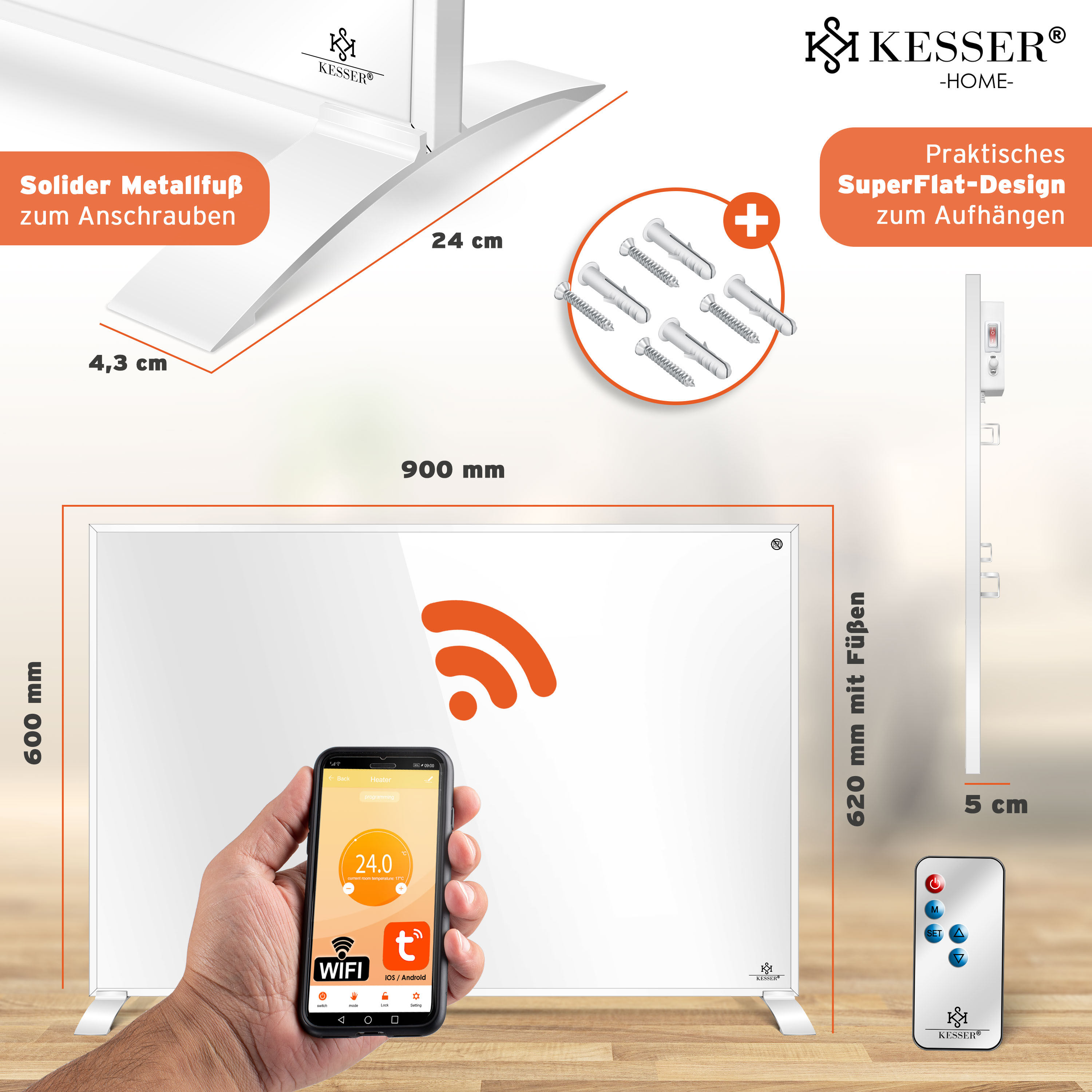 Weißer Kesser-Heizkörper mit Maßen, Smartphone-Steuerung, Fernbedienung, Wandhalterung und Metallfüßen.