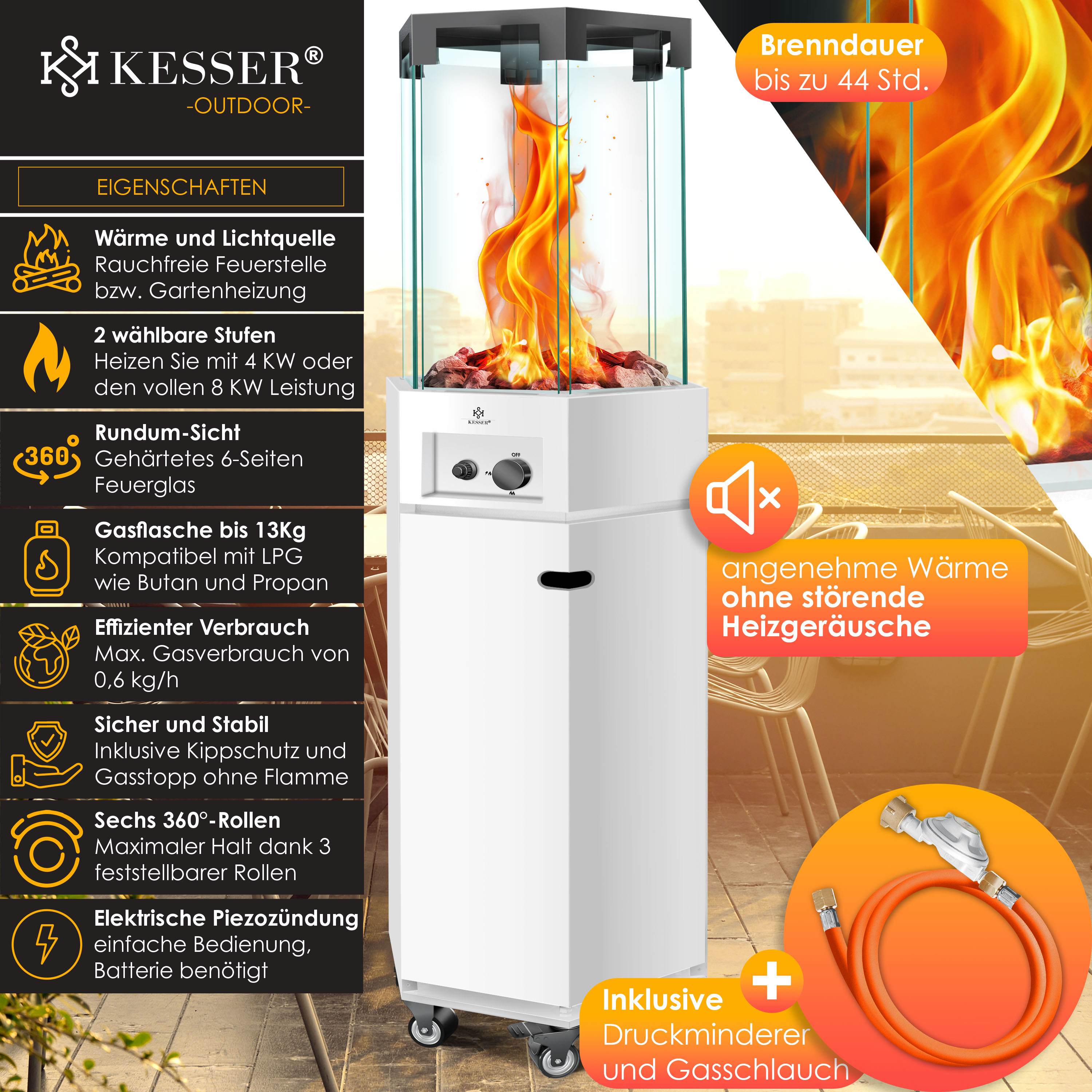 Kesser Outdoor-Gasheizstrahler in Weiß mit Flammensäule, Glasverkleidung, Bedienfeldern und Infografiken.