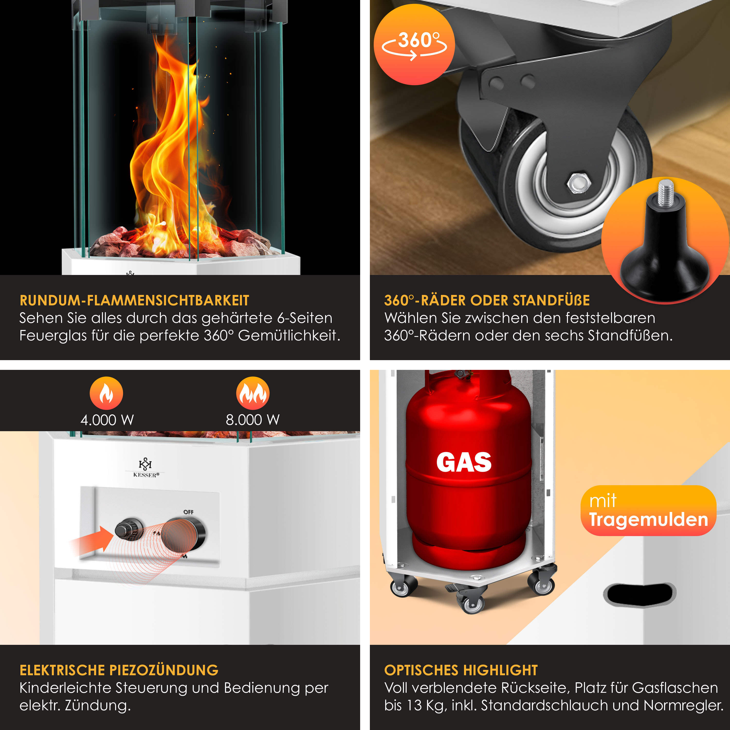 Vier Bilder zeigen Kesser-Gasheizer-Funktionen: Flamme, 360-Grad-Räder, Zündung und Gasflaschenfach.