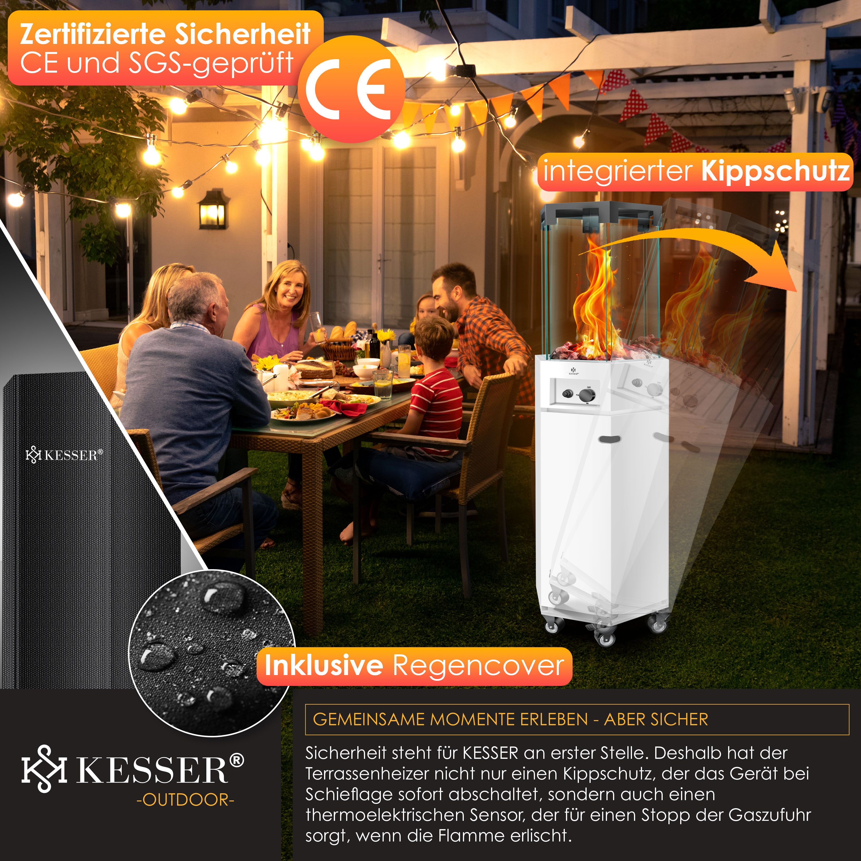 Terrassenheizer mit Flamme im Garten und Familie beim Abendessen am Tisch.