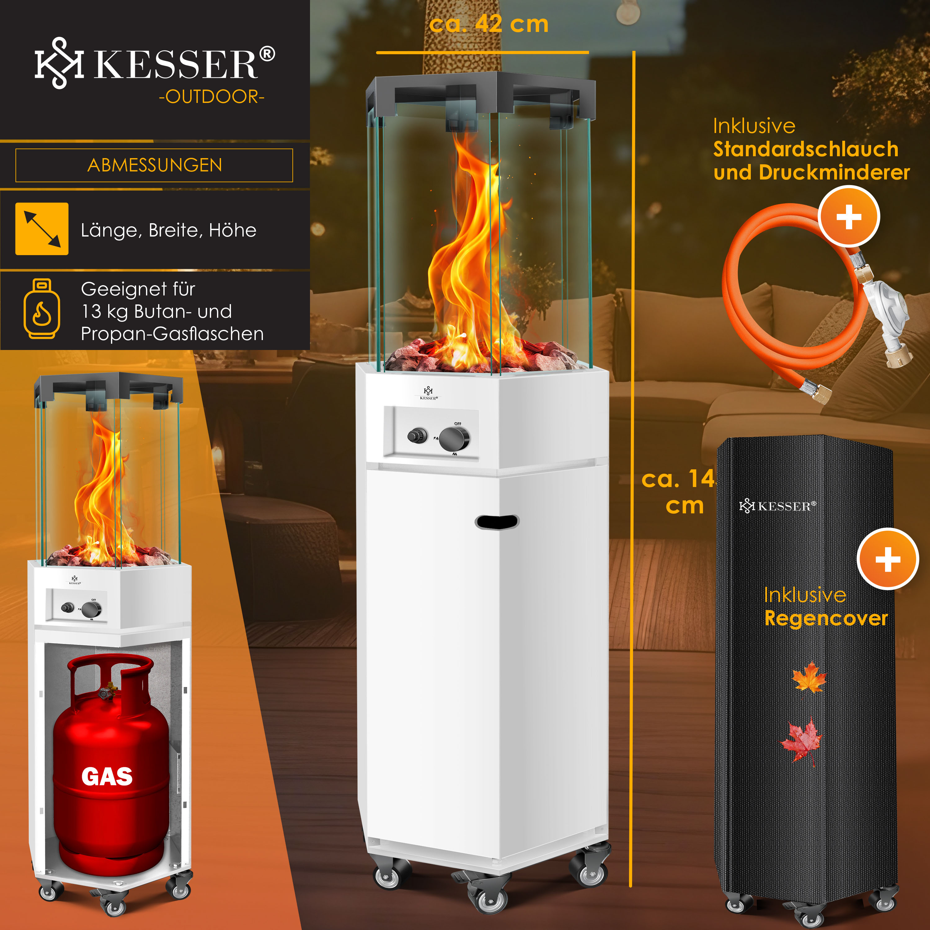 Produktgrafik eines weißen Terrassenheizers mit sichtbarer Flamme, Gasflasche, Schlauch und Abdeckhaube.