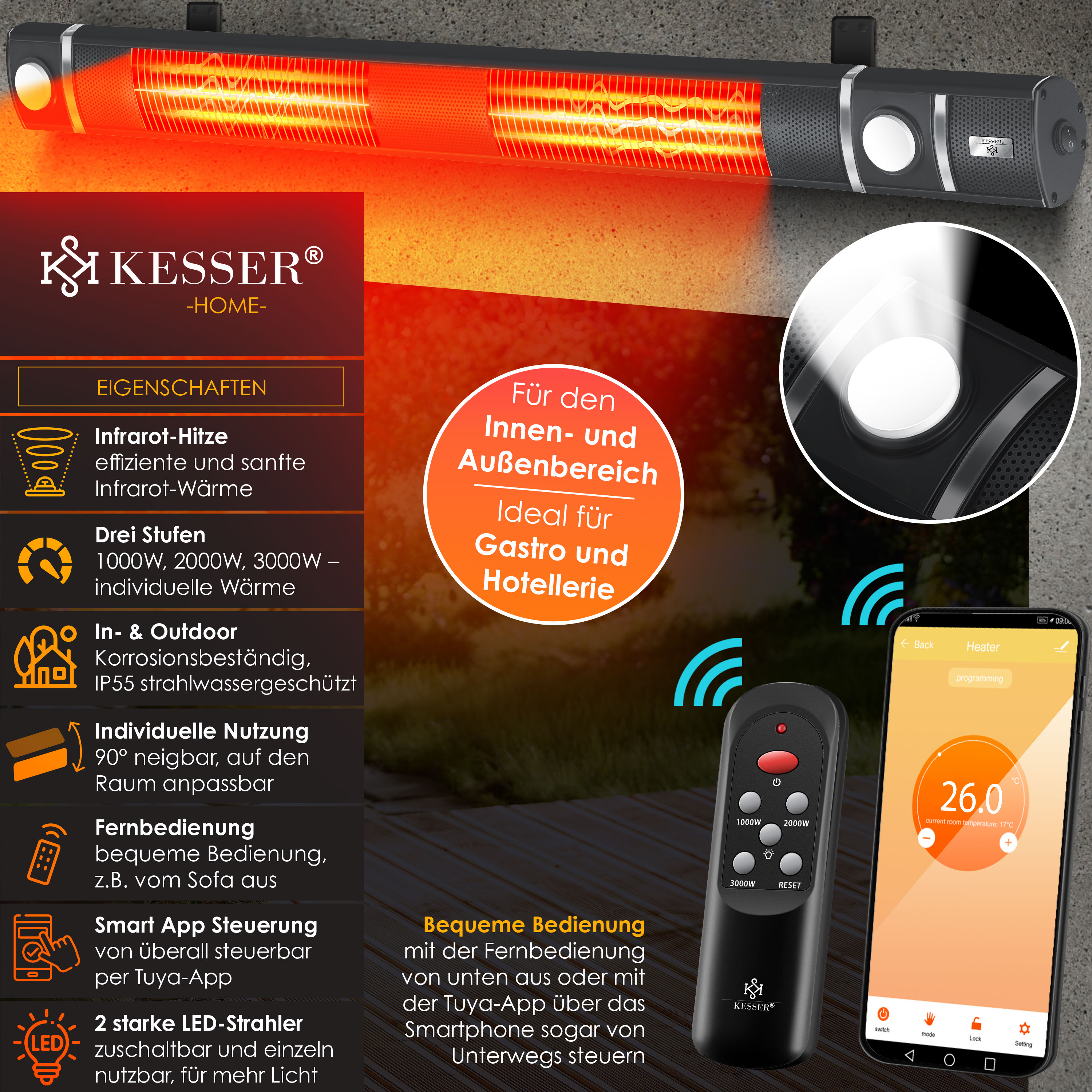 Kesser Infrarot-Heizstrahler mit Fernbedienung und App-Steuerung, ideal für den Innen- und Außenbereich.