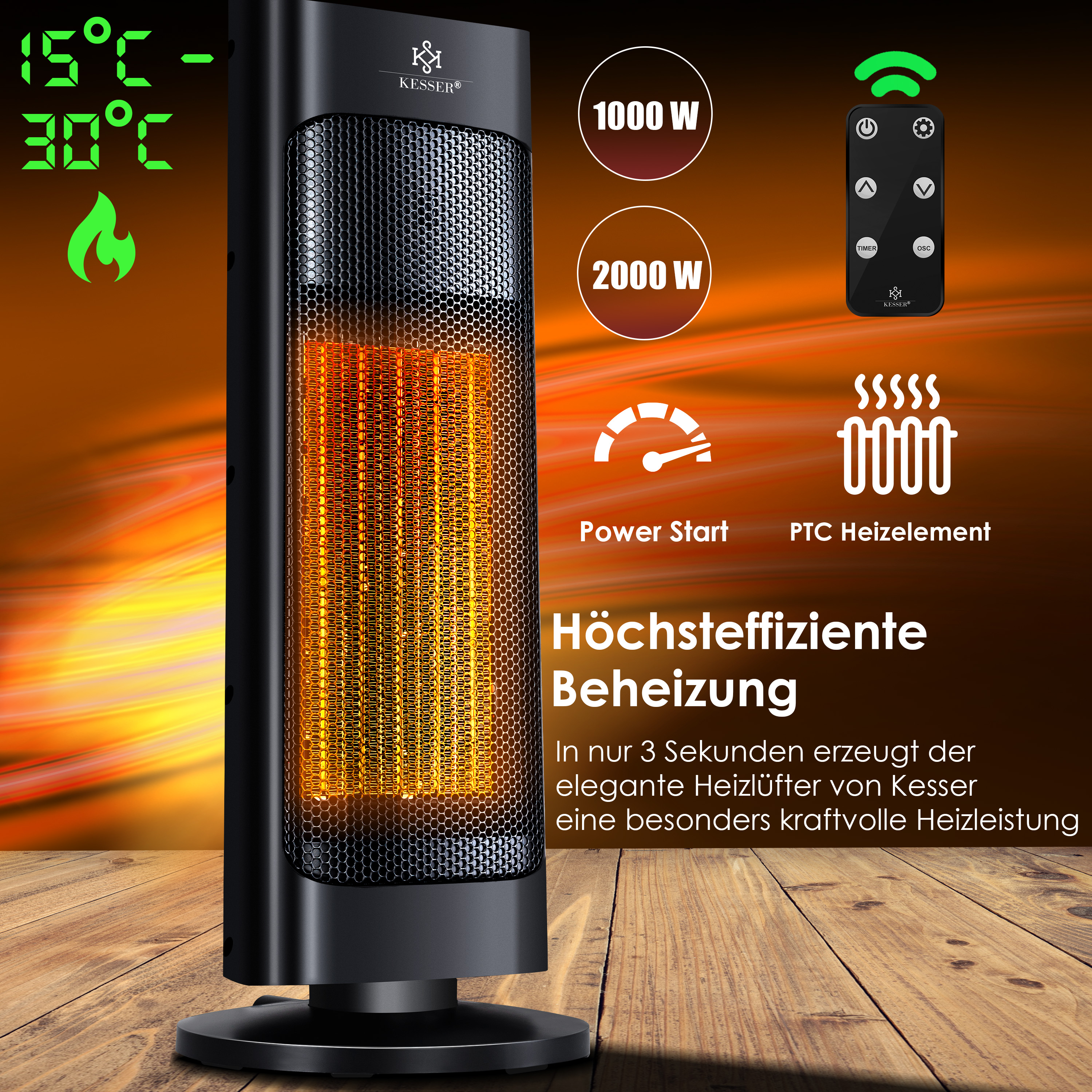 Schwarzer Kesser Heizlüfter mit orange leuchtendem PTC-Heizelement, Fernbedienung und Temperaturanzeige auf Holz.