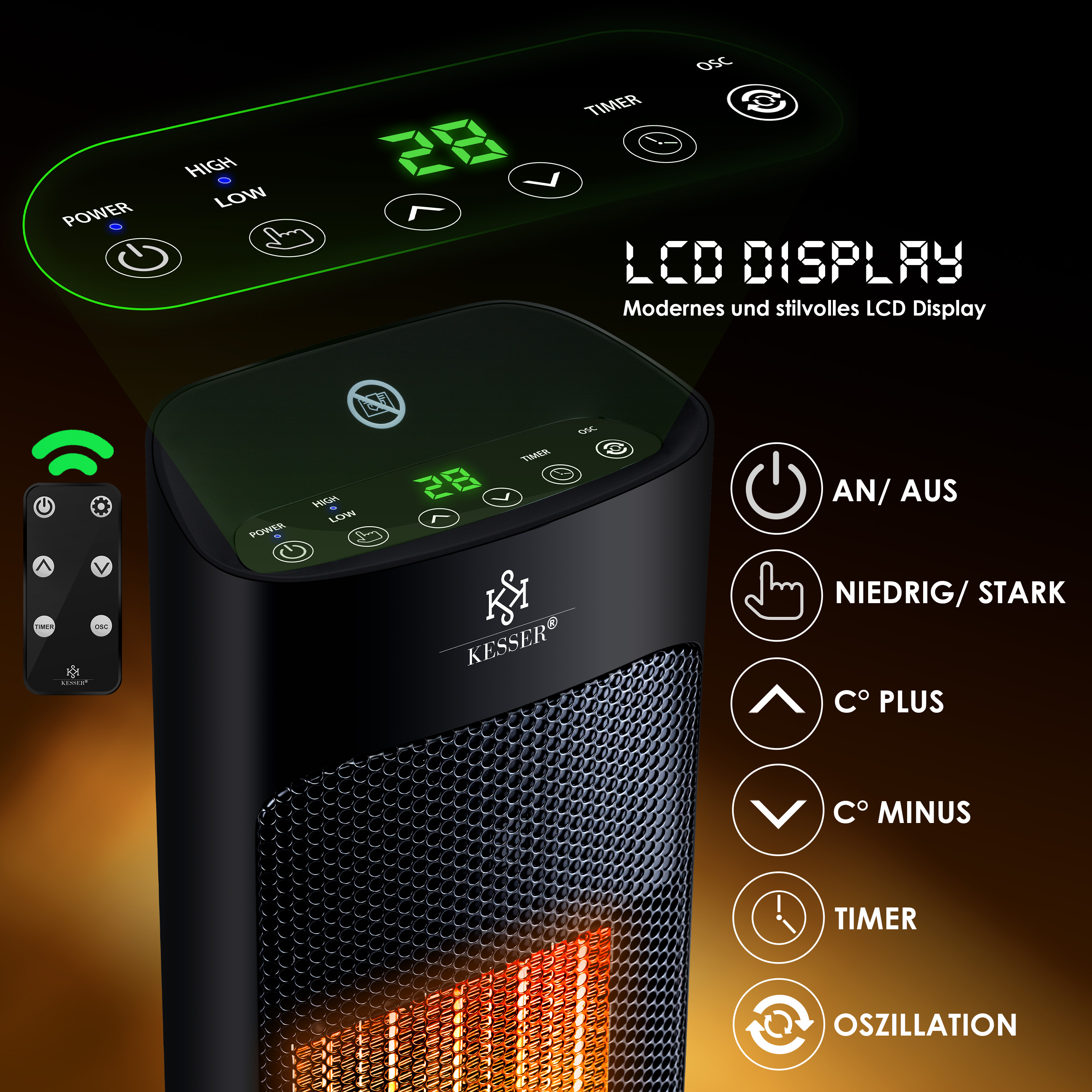 Ein schwarzer Kesser Turmheizlüfter mit beleuchtetem grünem LCD-Display, Steuertasten, Fernbedienung und glühendem Heizelement.