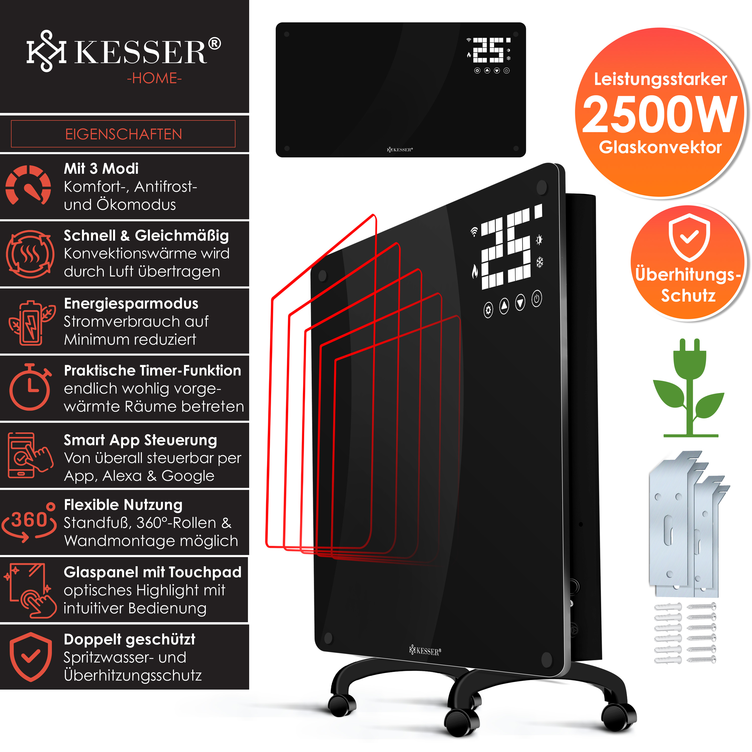 Schwarzer 2500W Glaskonvektor mit Touch-Display, App-Steuerung und Rollen.