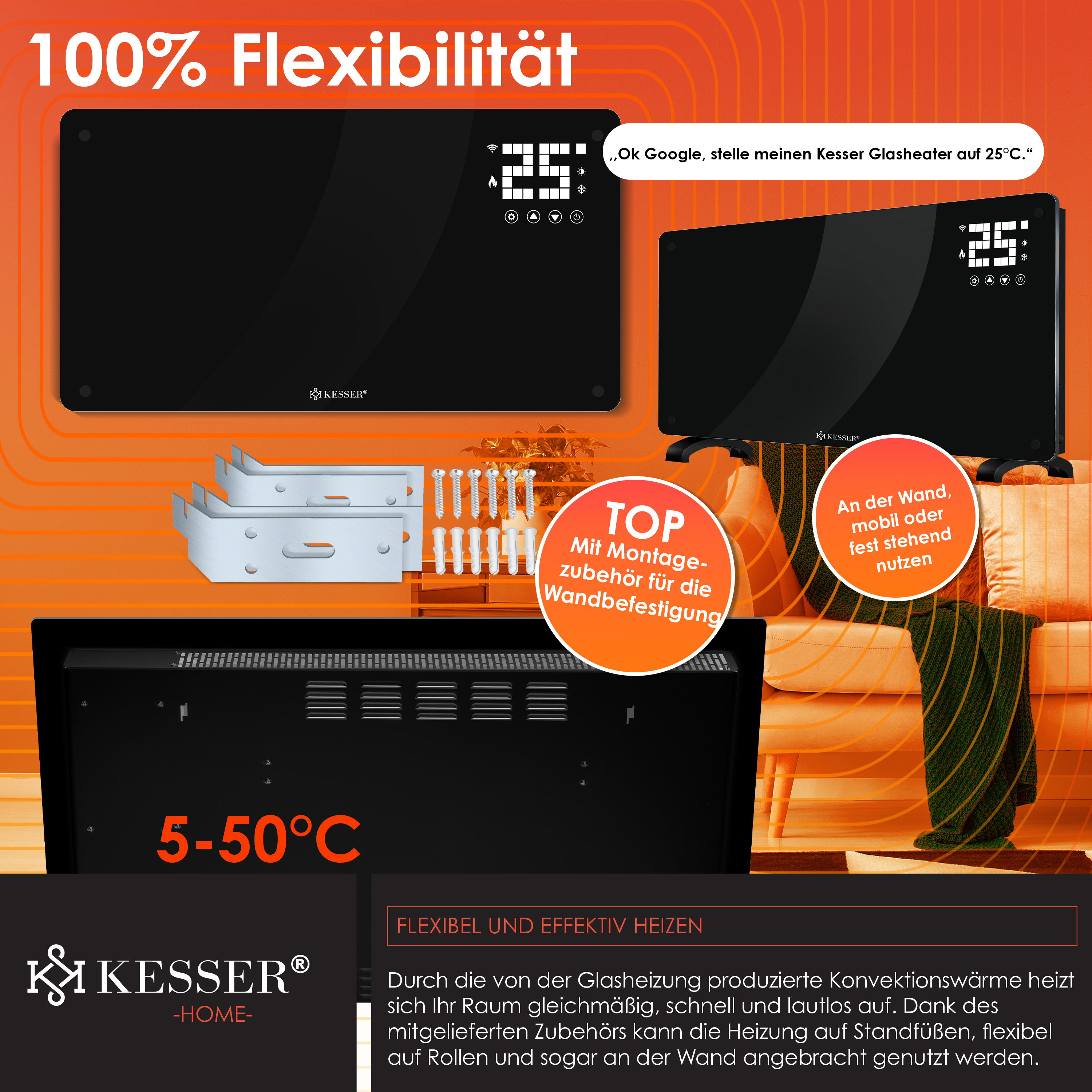 Schwarze Kesser Glasheizung mit digitaler Anzeige, Wand- und Standmontagezubehör auf orangefarbenem Hintergrund.