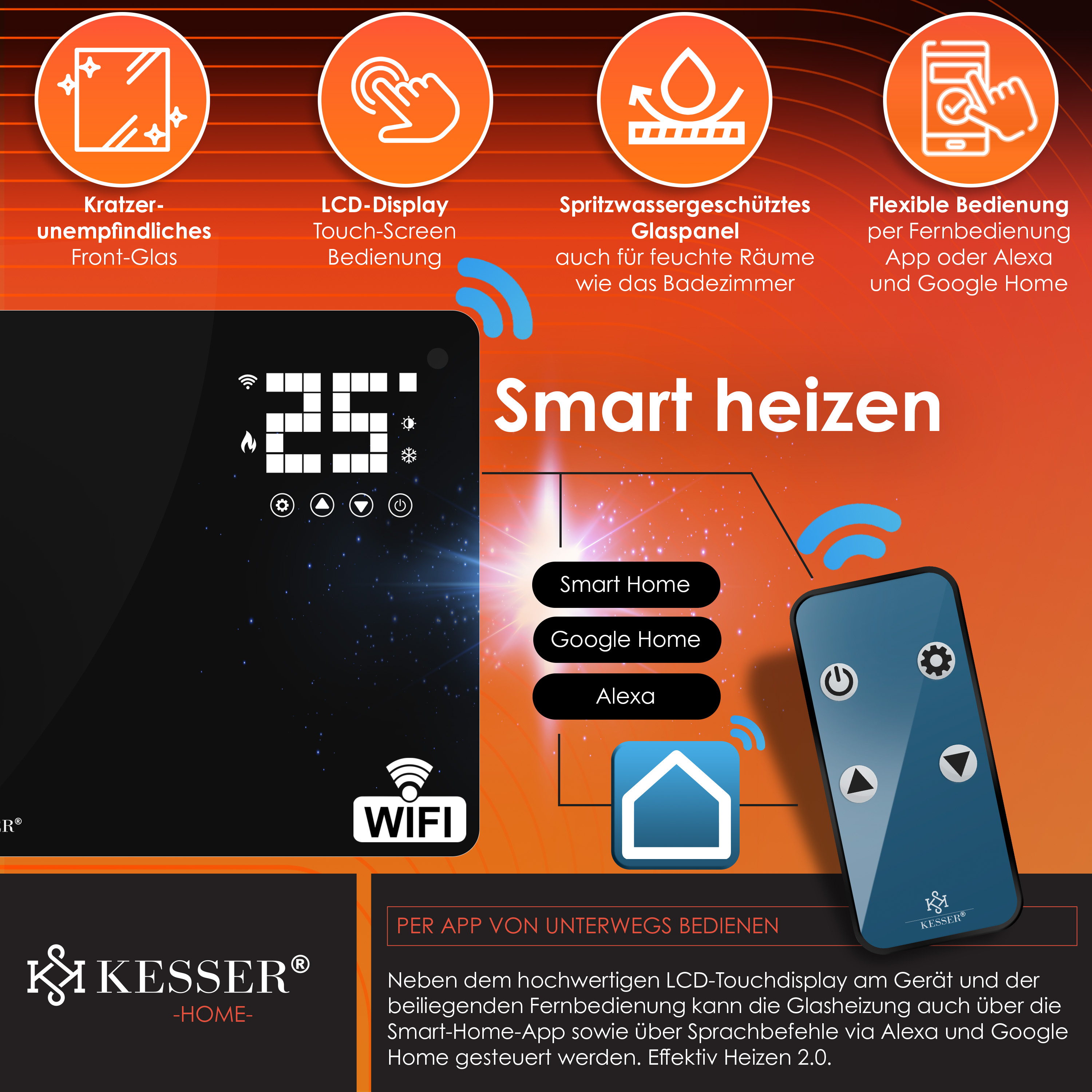 Smartes Glaspanel mit Touch-Display, Fernbedienung und WLAN-Verbindung für App- und Sprachsteuerung.