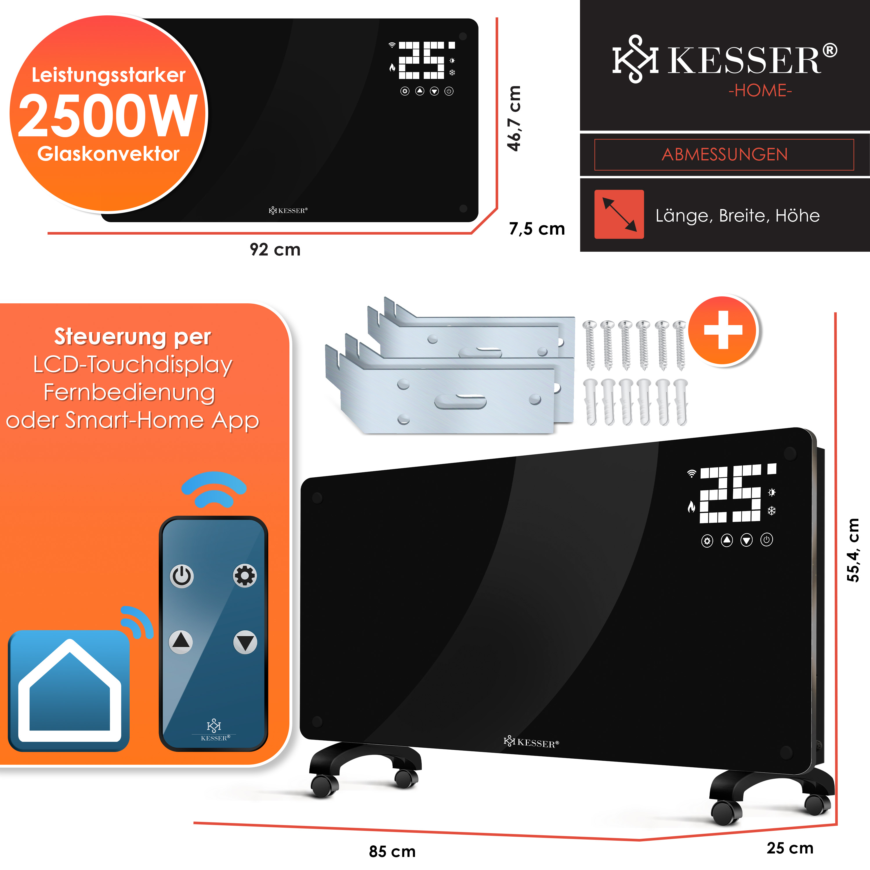 Kesser Glaskonvektor 2500W mit Fernbedienung und Maßen.