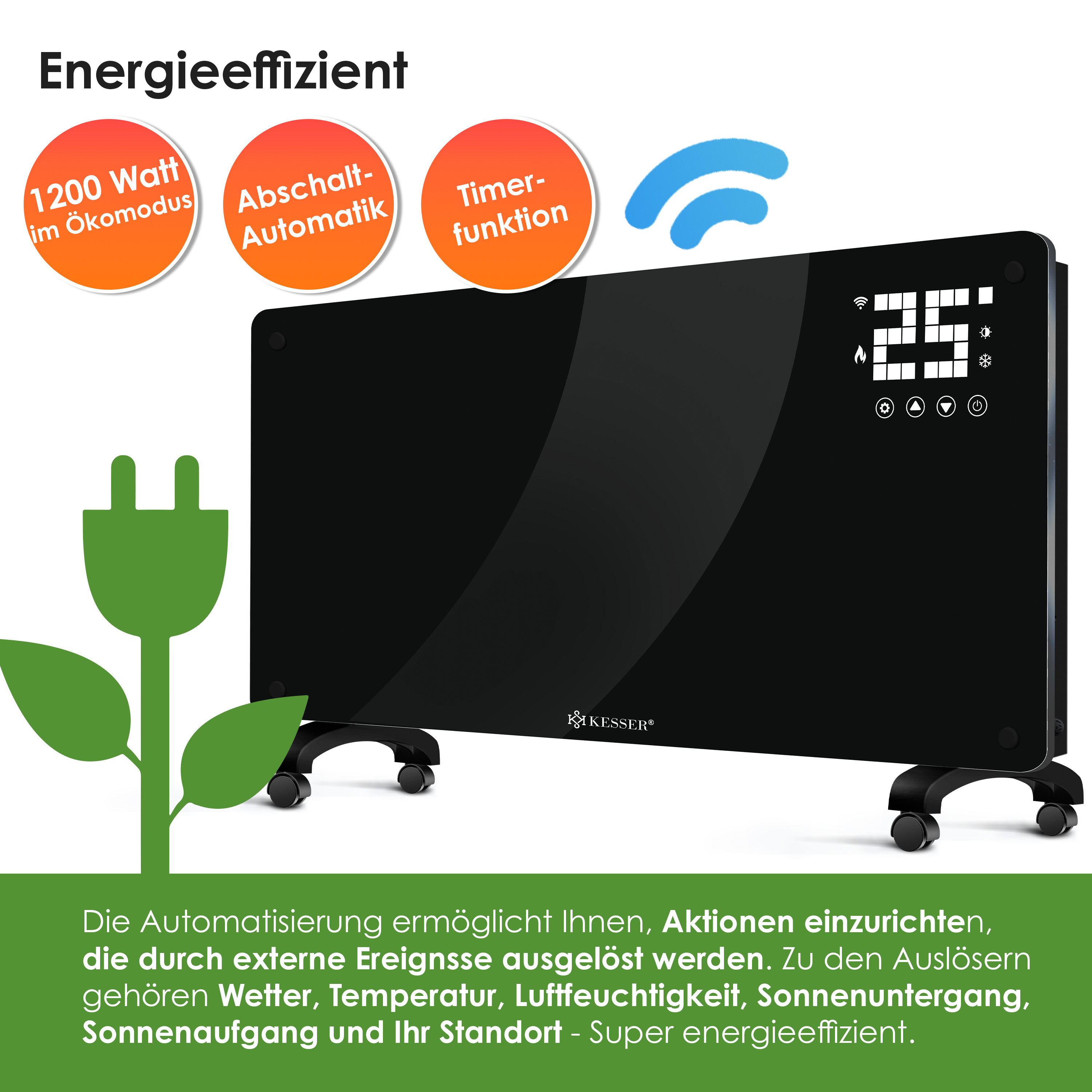Schwarzer Elektroheizer auf Rädern mit digitaler Anzeige und WLAN-Symbol, umgeben von Energiespar-Icons.