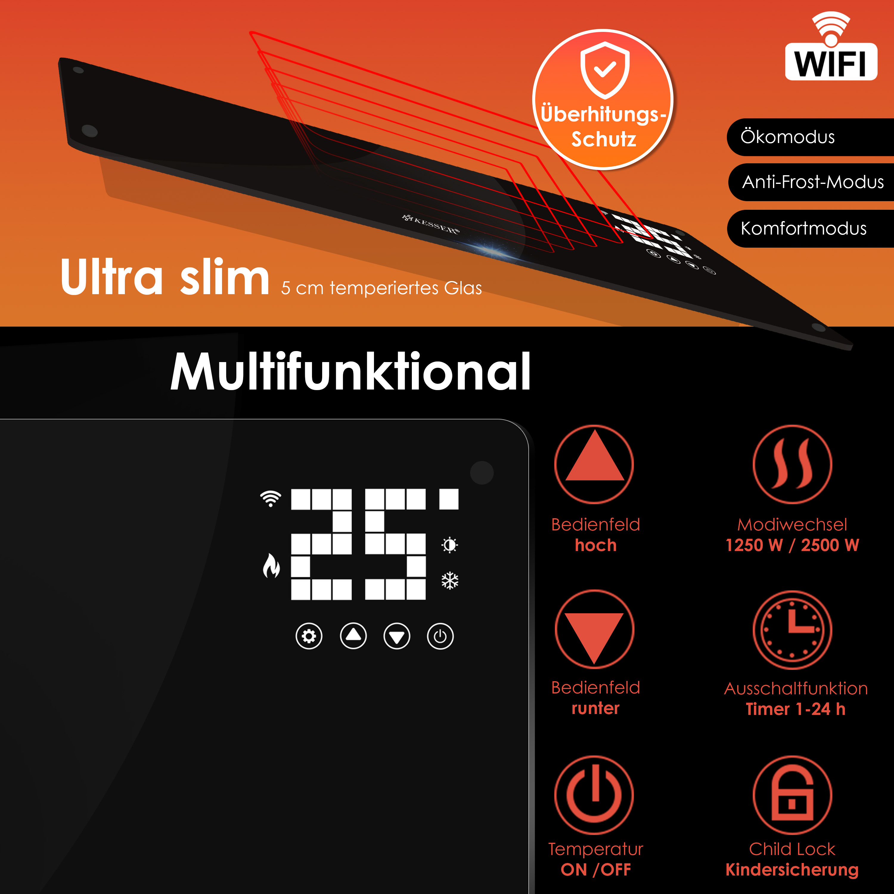 Werbung für ein ultraflaches Glasheizgerät mit Digitaldisplay, WLAN, Timer und Kindersicherung.