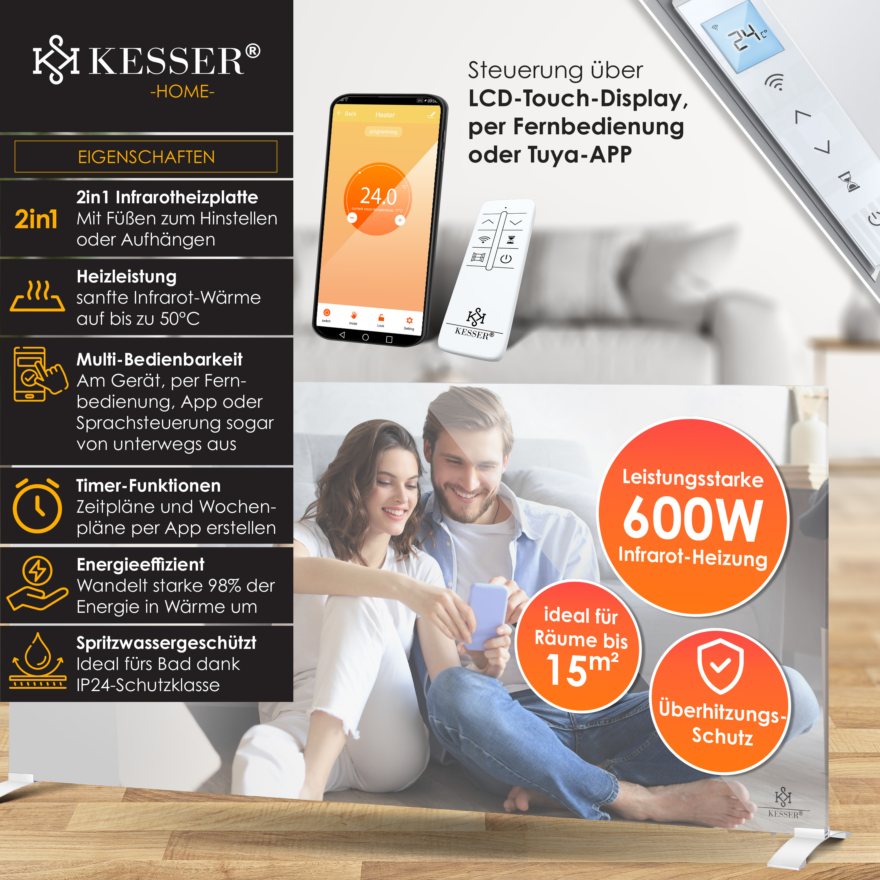 Kesser Infrarotheizung mit 600W, Touch-Display, Fernbedienung und App-Steuerung vor einem glücklichen Paar.