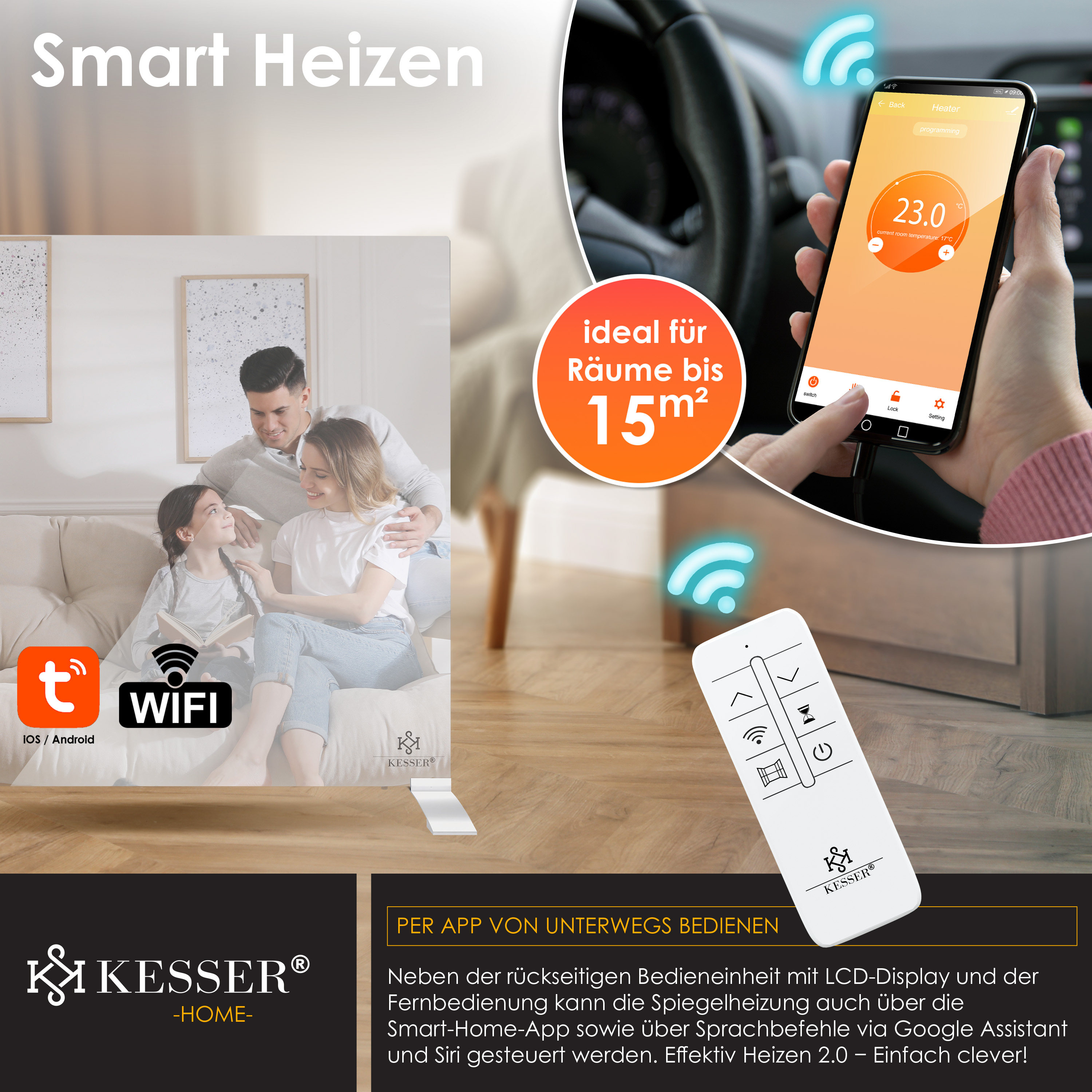 Smart KESSER Infrarotheizung mit App- und Fernbedienung für Räume bis 15m².