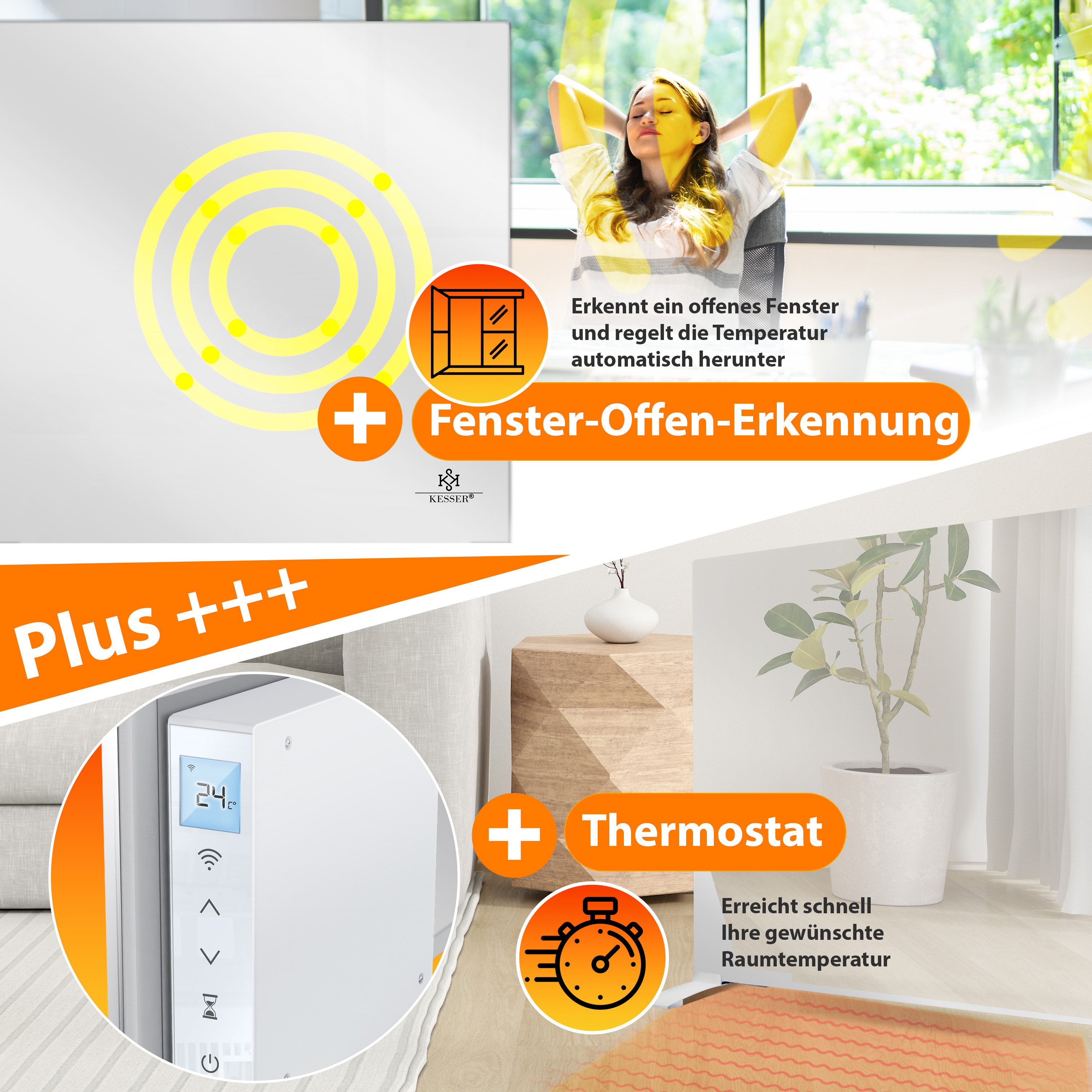 Produktwerbung für Heizung mit Fenster-Offen-Erkennung und Thermostat, im Hintergrund eine Frau und ein Zimmer.