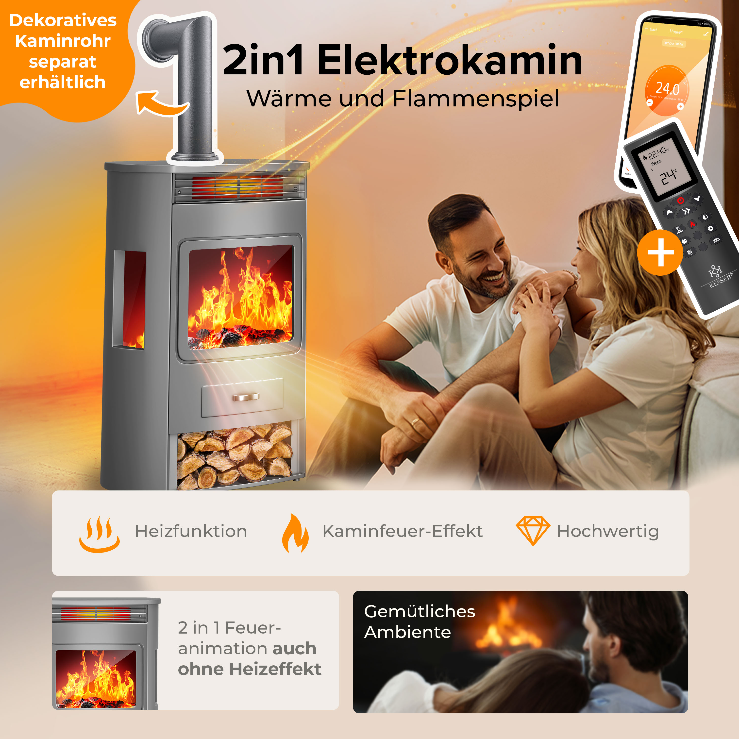 Moderner grauer Elektrokamin mit Flammeneffekt neben einem glücklichen Paar, inklusive App und Fernbedienung.