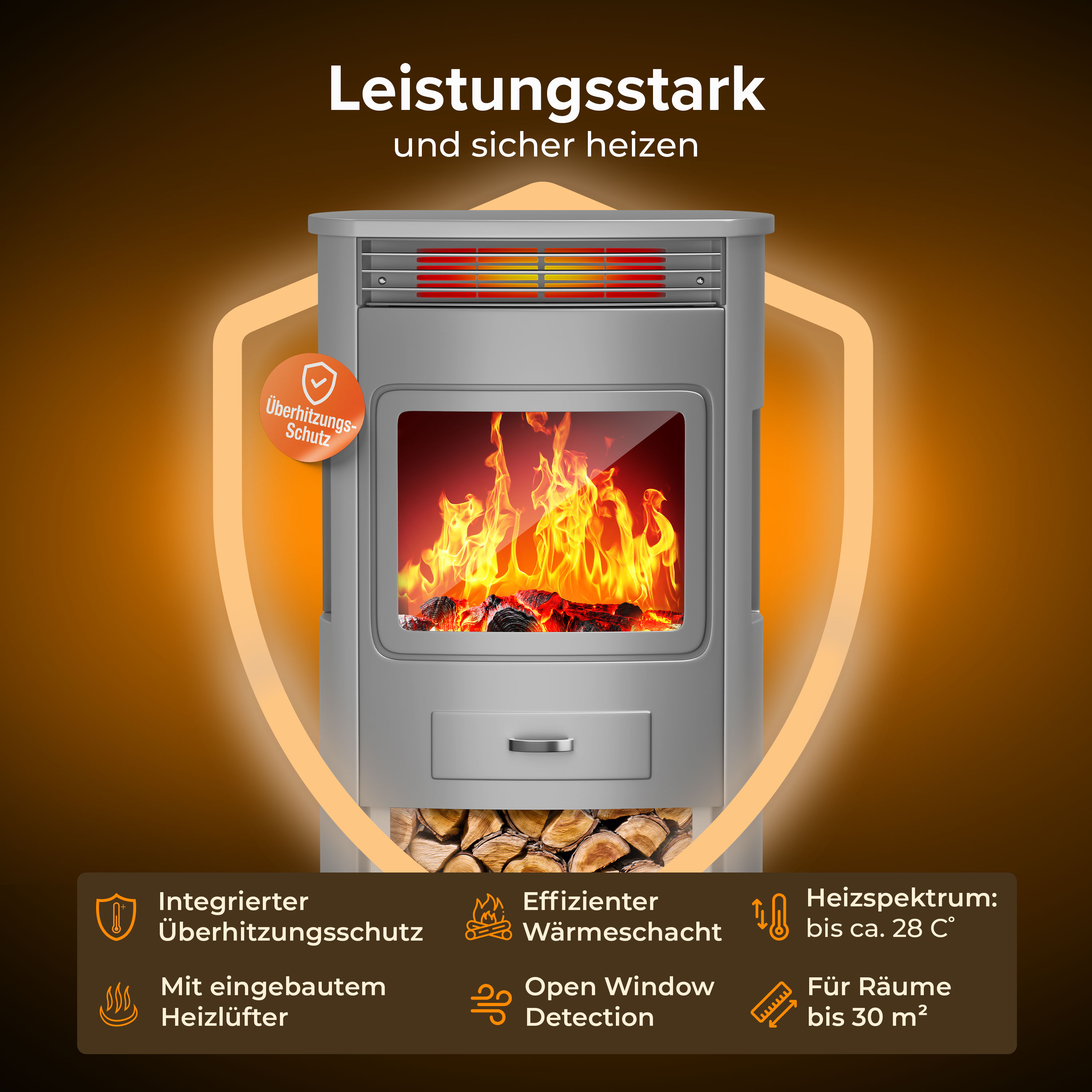 Moderne Kaminofen-Werbung mit Holzfeuer, Schutzschild und deutschen Produktfeatures.