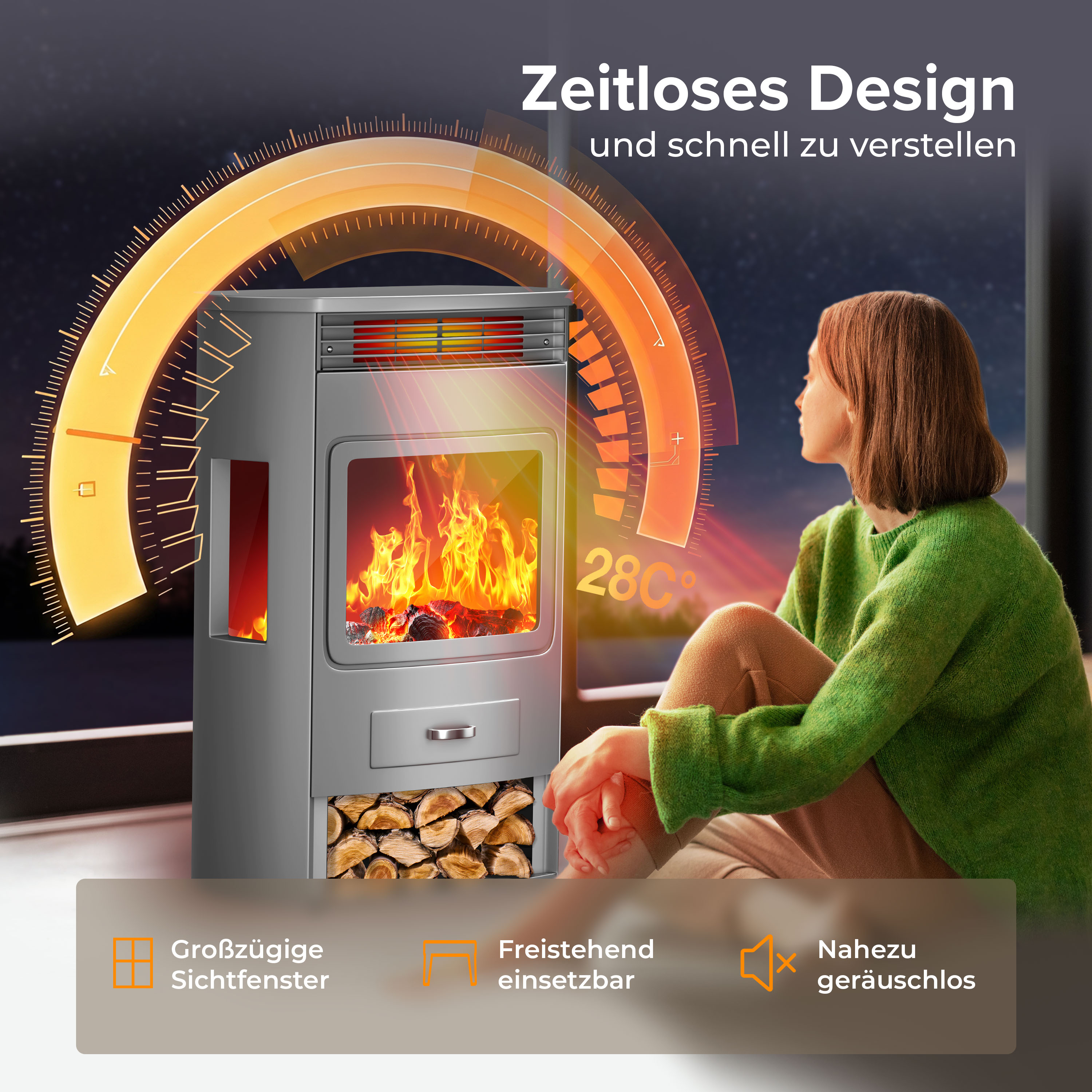 Frau sitzt vor einem Kamin mit digitaler Temperaturanzeige und Feuer.
