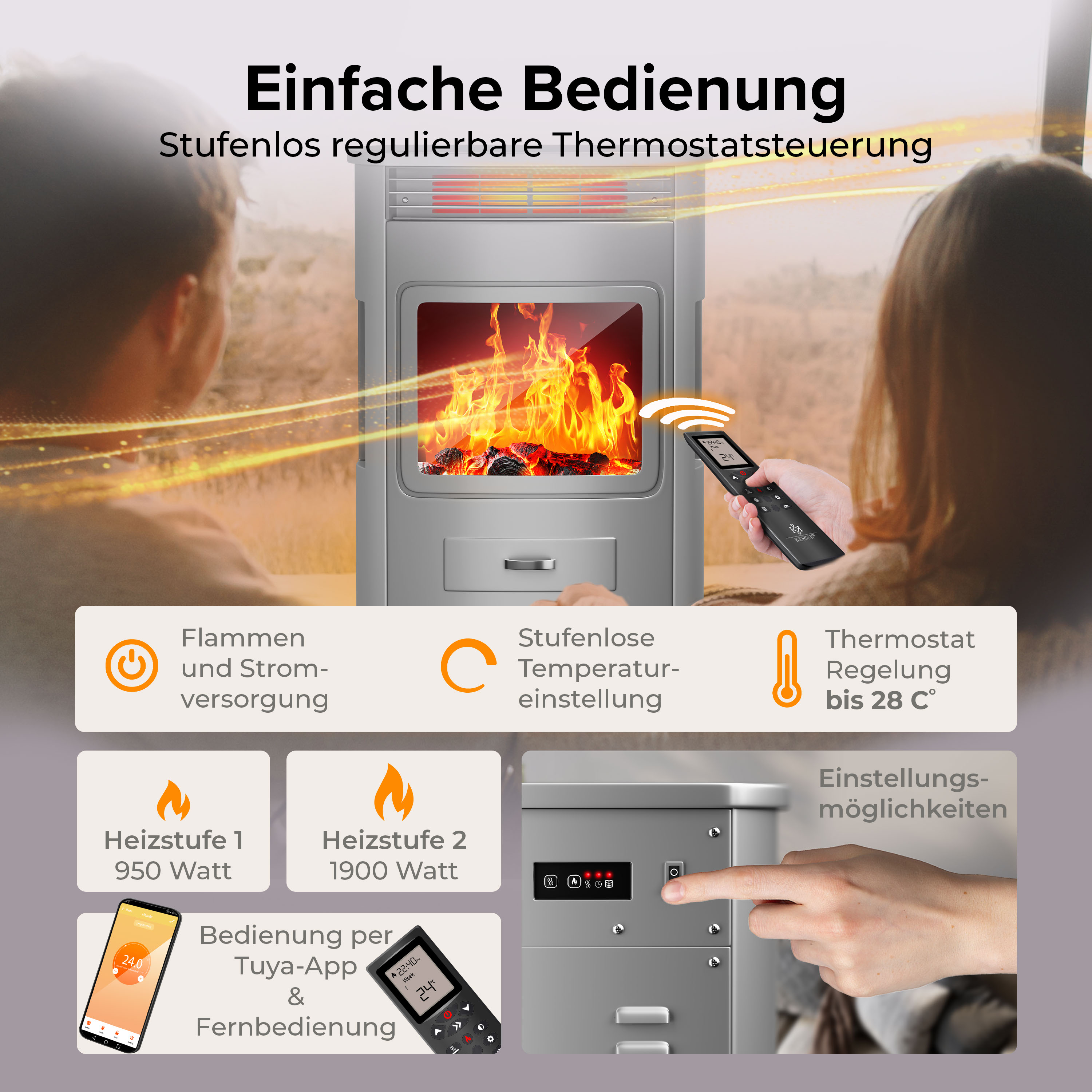 Ein silberner Heizofen mit Flammeneffekt, Fernbedienung und Einstellungsoptionen.