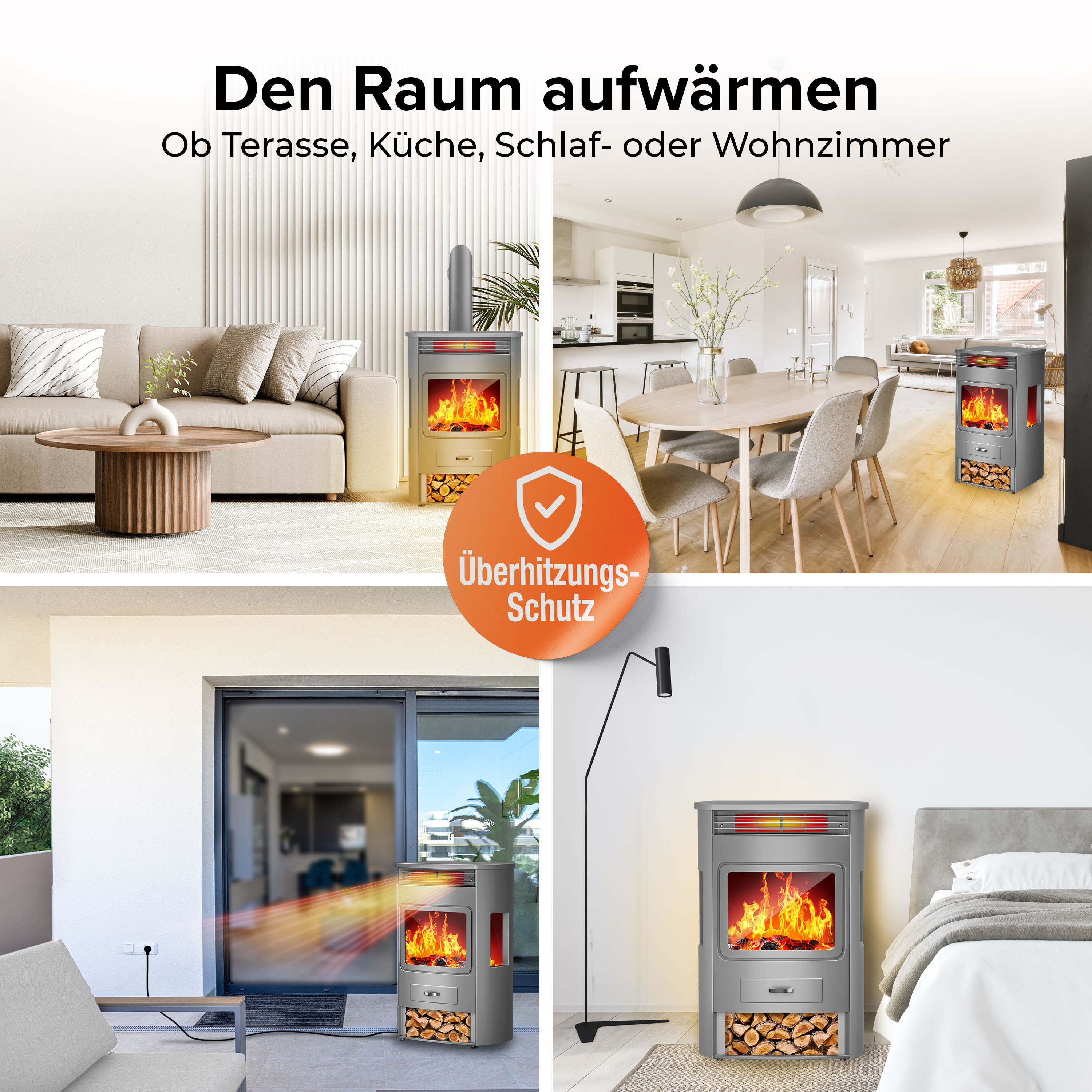 Ein grauer Kaminofen wärmt verschiedene moderne Wohnräume wie Wohnzimmer, Essbereich und Schlafzimmer.