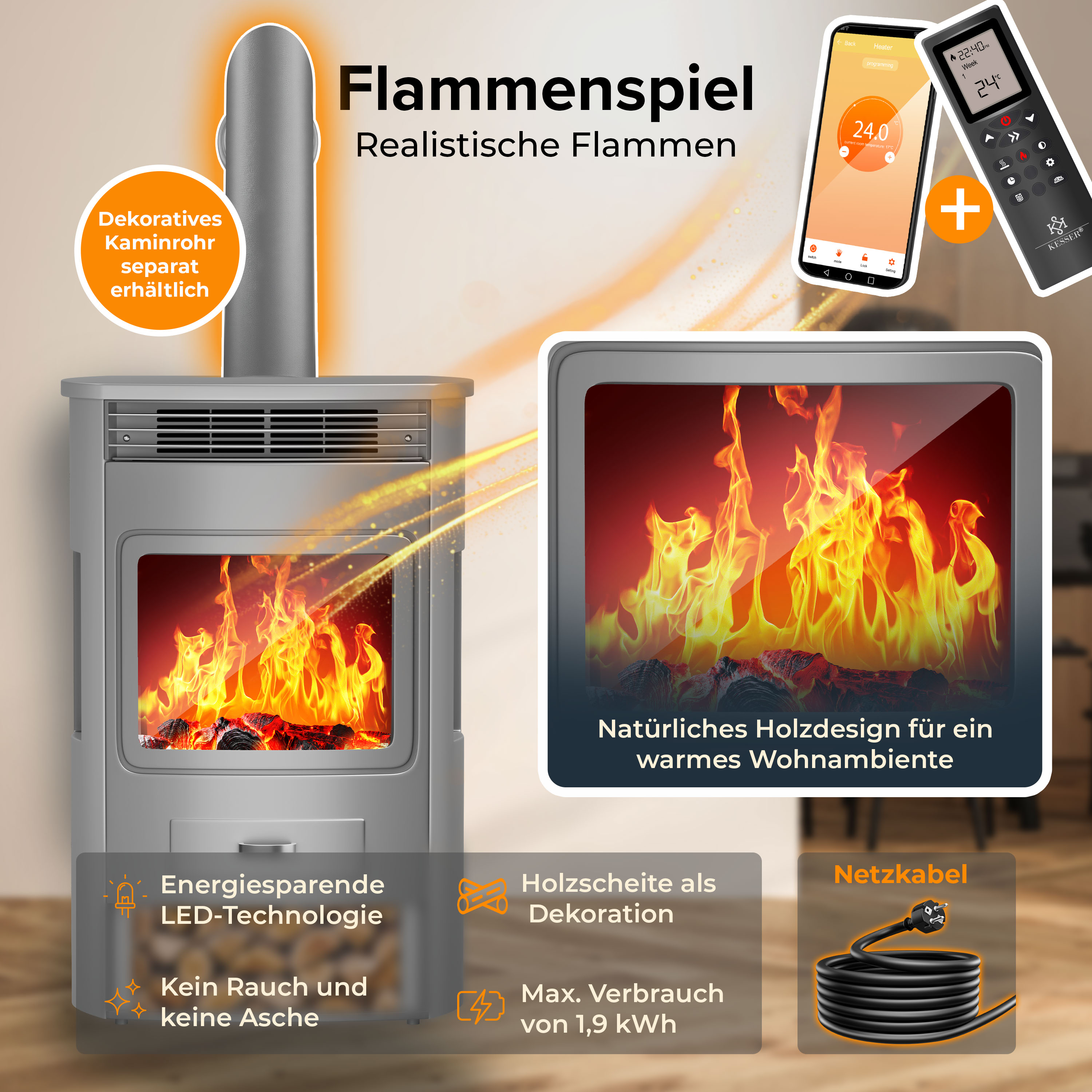 Moderne Kaminatraupe mit LED-Flammeneffekt, Fernbedienung, App-Steuerung und dekorativen Holzscheiten.