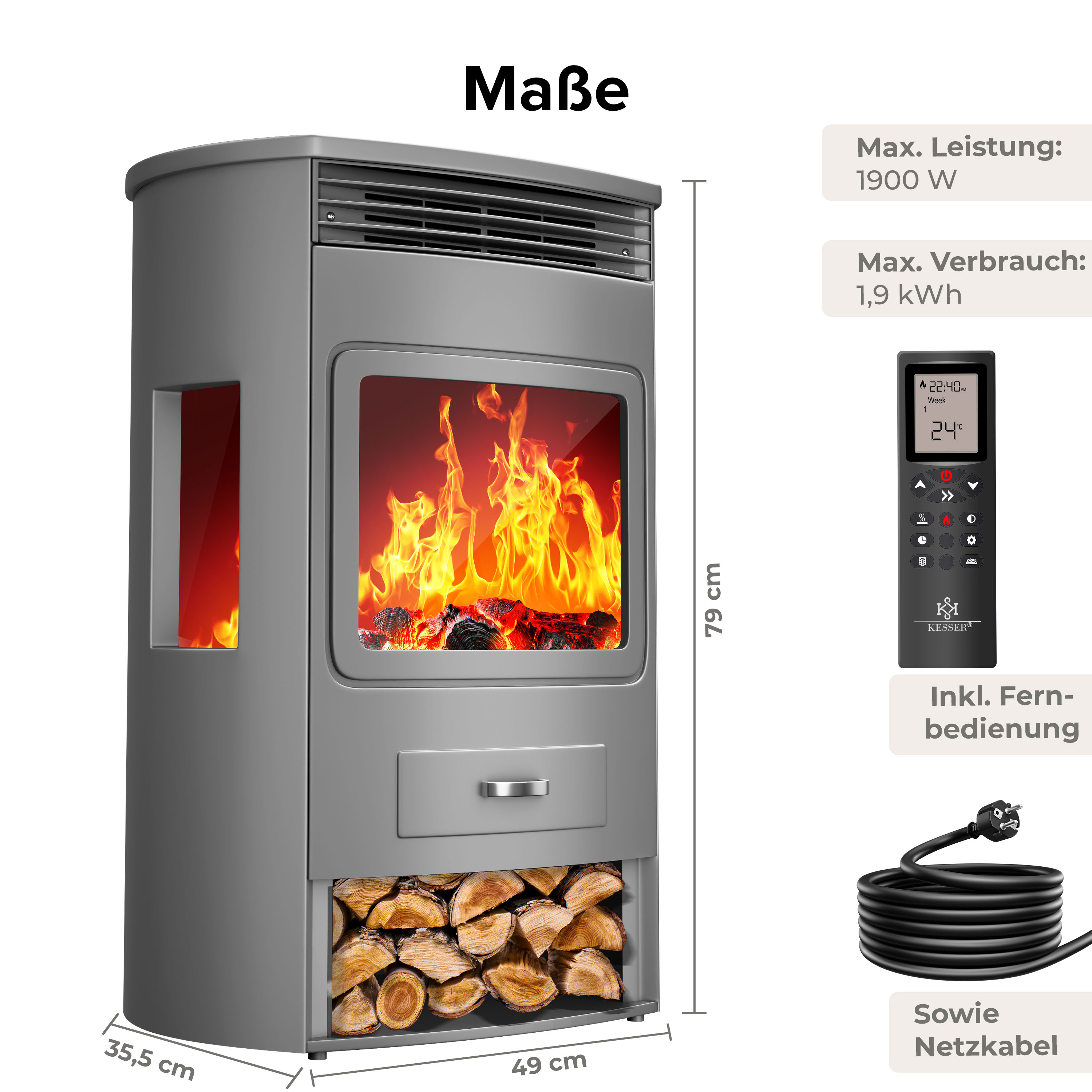 Grauer elektrischer Kamin mit Maßen, Fernbedienung, Holzlagerfach und Stromkabel.