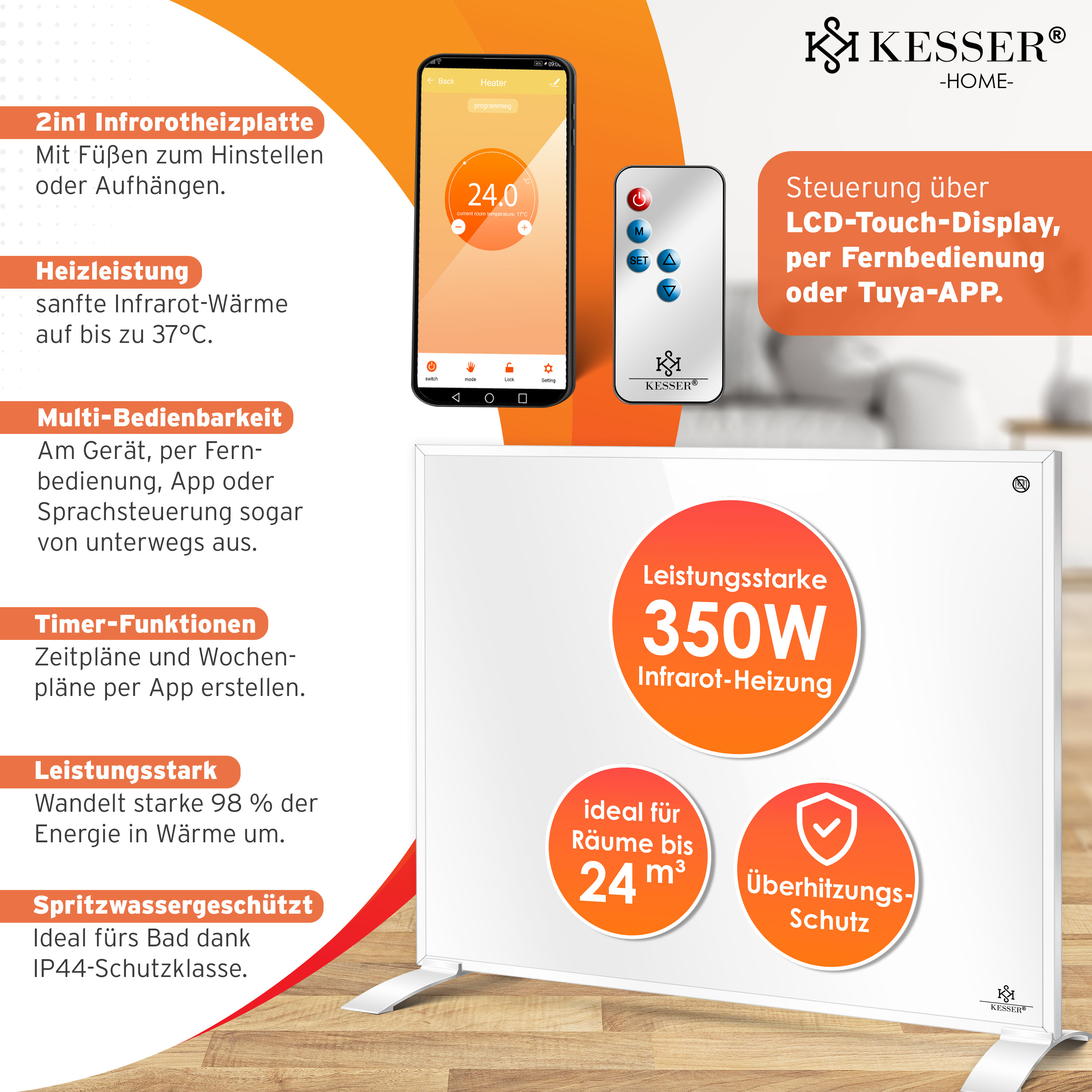 Kesser Infrarotheizplatte 350W mit App- und Fernbedienung, Textfeldern und Holzoptik-Hintergrund.