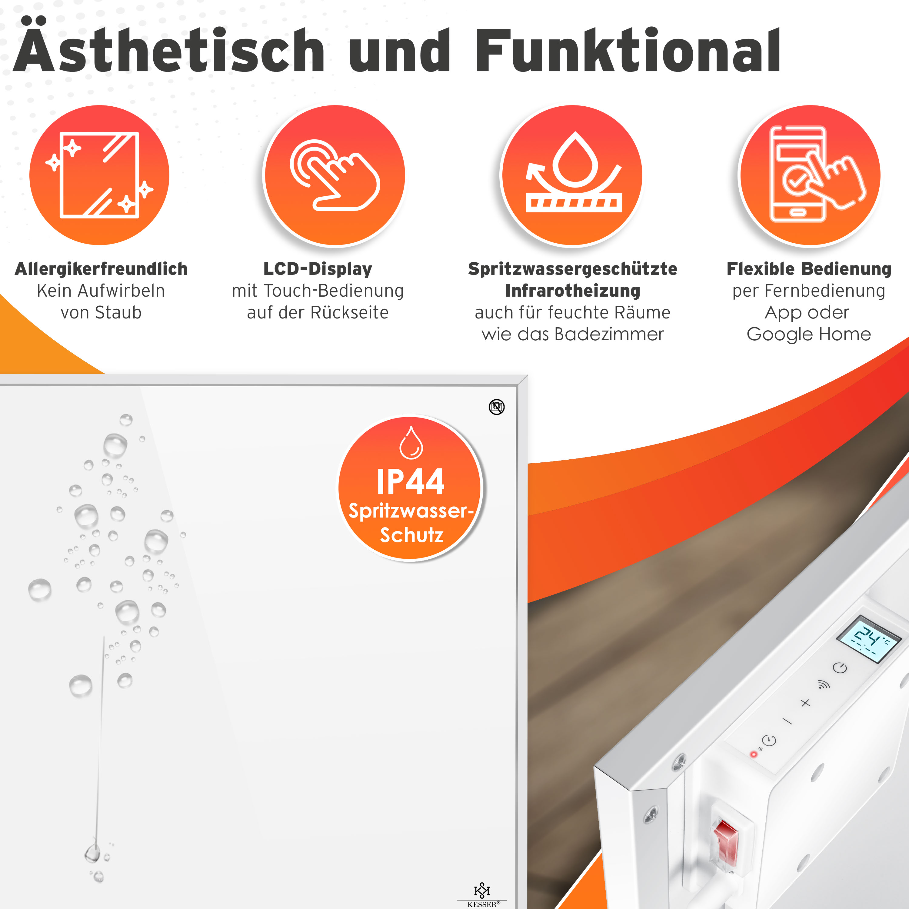 Produktmerkmale einer Infrarotheizung mit Icons wie Spritzwasserschutz und App-Bedienung.