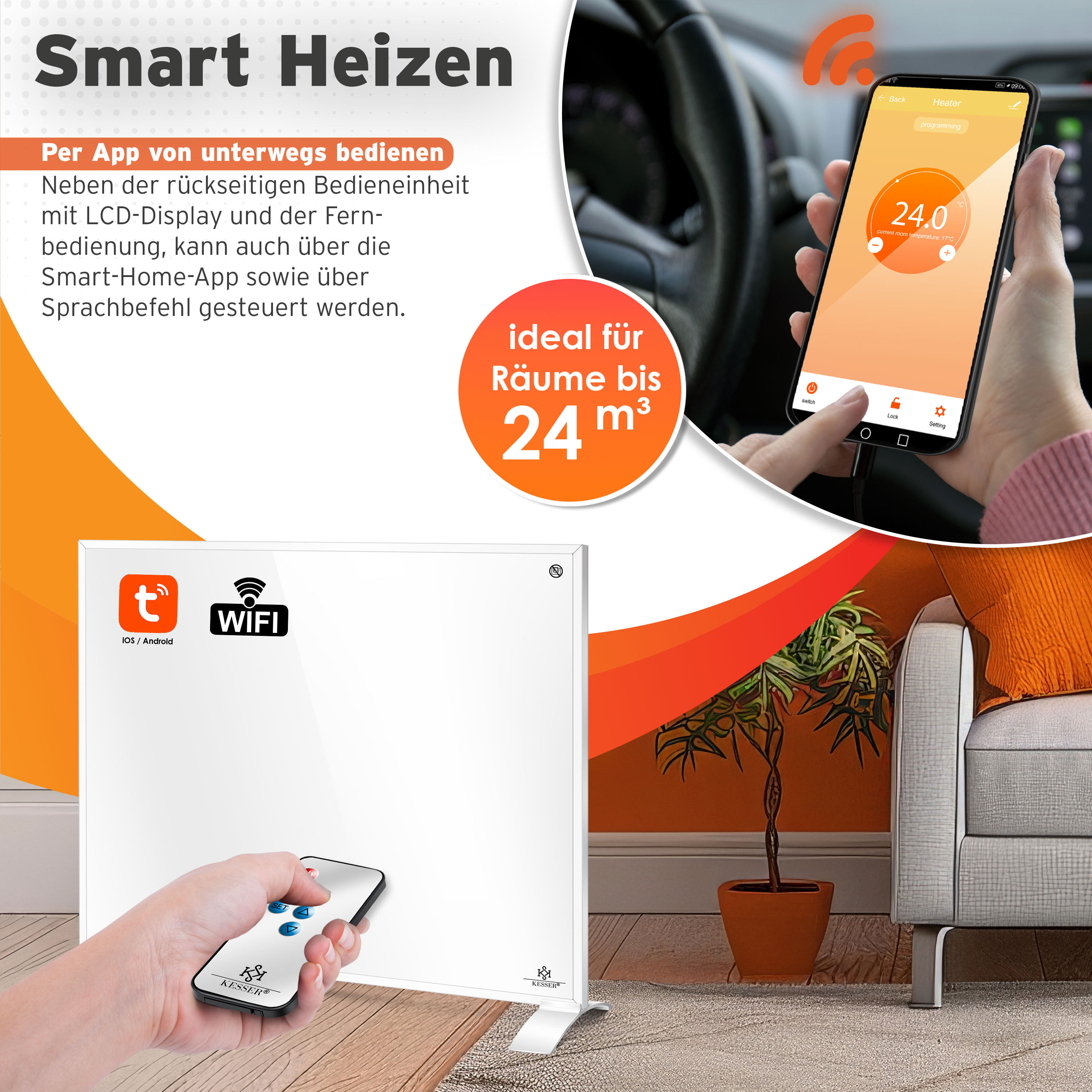 Ein weißer Smart-Heizer mit Fernbedienung, App-Oberfläche und Text zu seinen Funktionen.