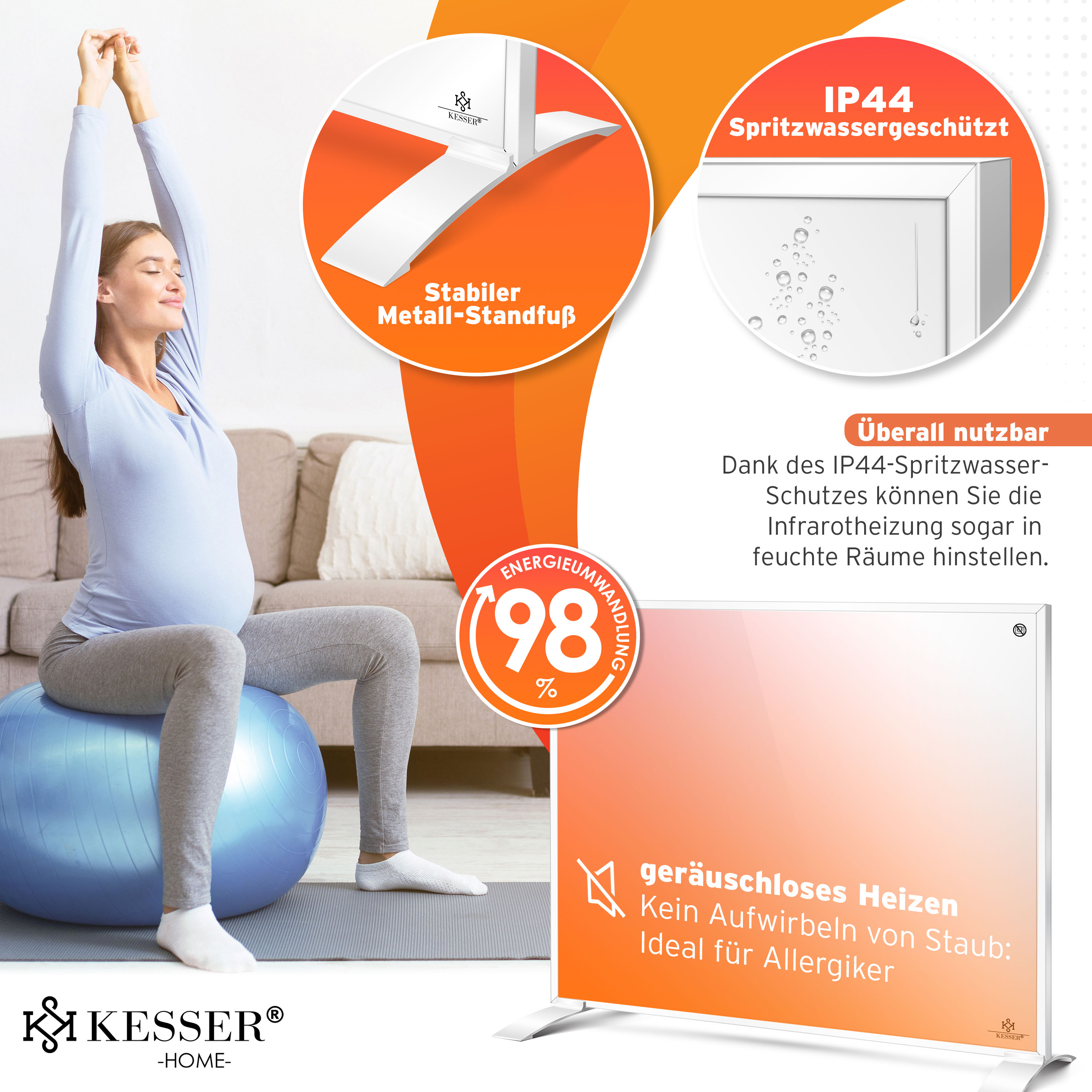 Infrarotheizung mit Metallstandfuß und IP44 Spritzwasserschutz, ideal für Allergiker.