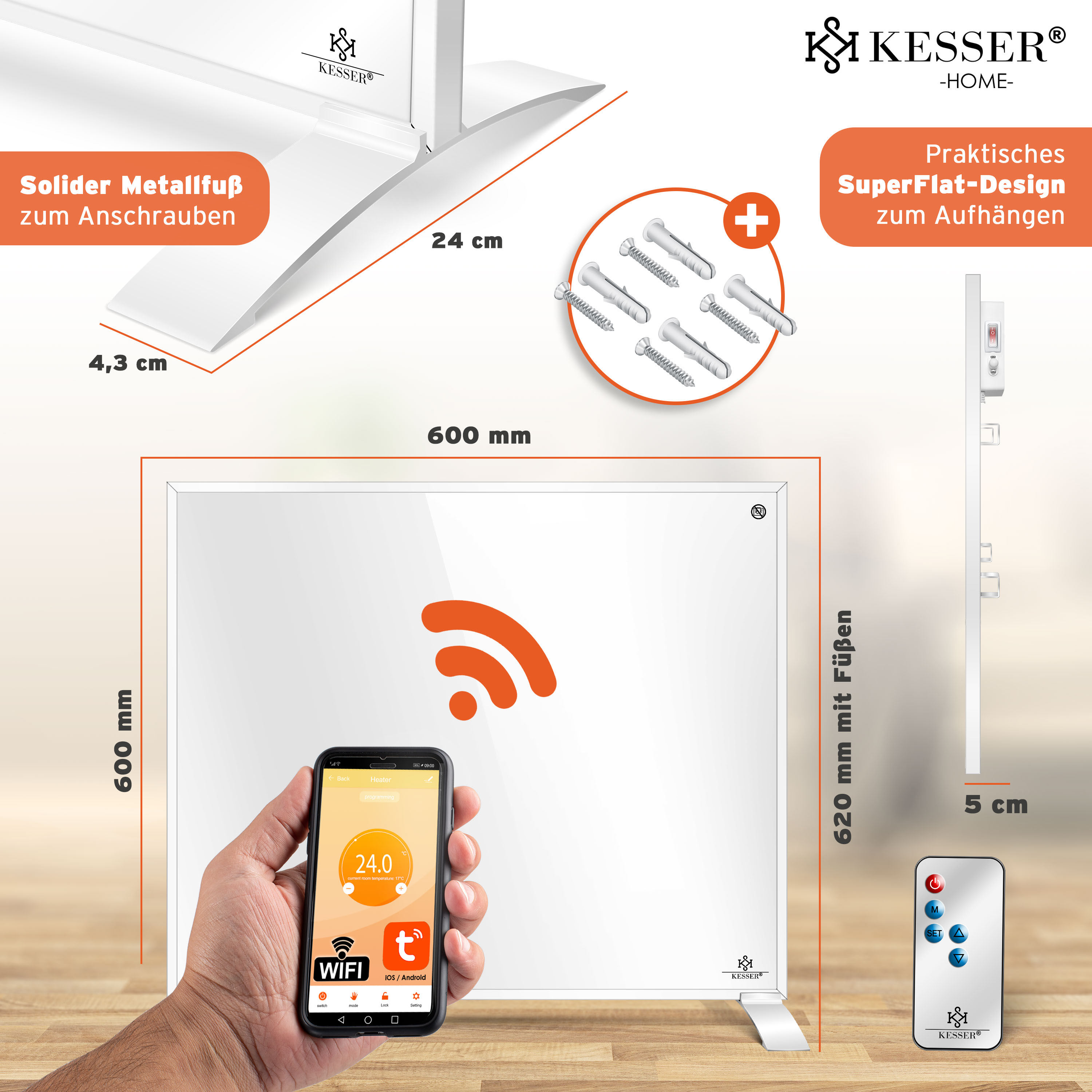 Kesser Infrarotheizung mit WLAN, Fernbedienung, Maßen und Montagematerial auf Holzgrund.