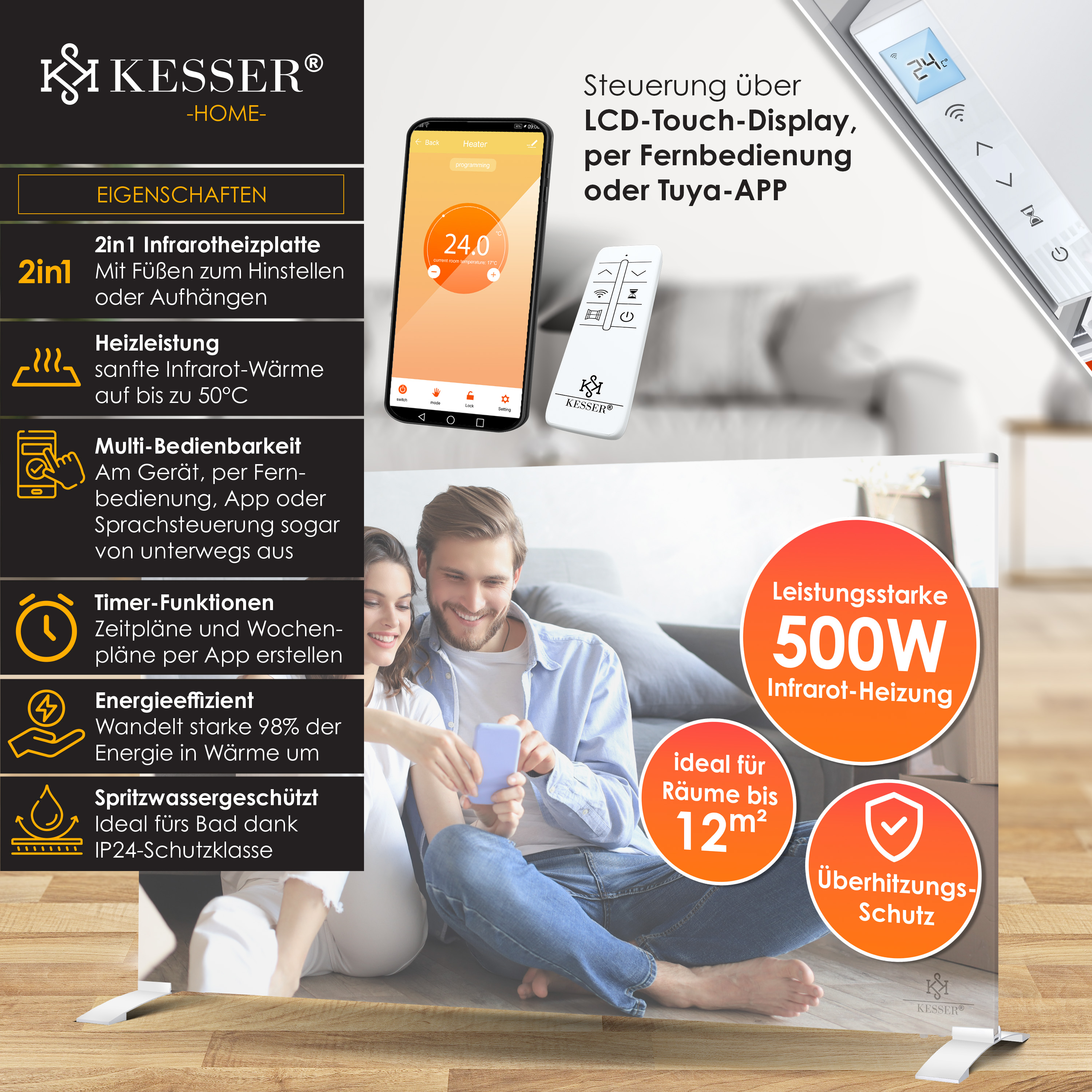 Kesser Infrarotheizung mit App-Steuerung, Fernbedienung und Display, ideal für Räume bis 12m².