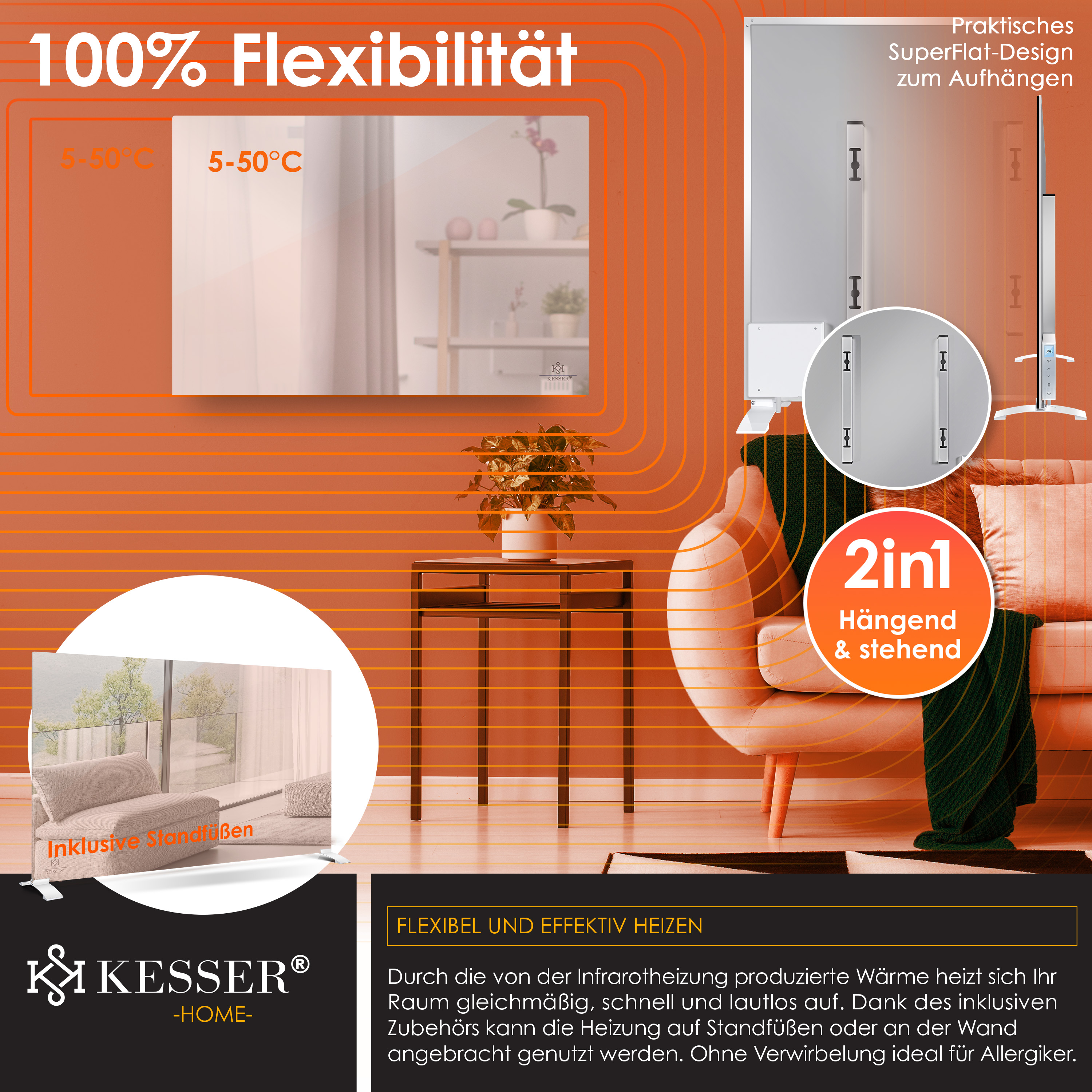 Eine Infrarotheizung mit flexiblen Wand- und Standoptionen in einem Raum.