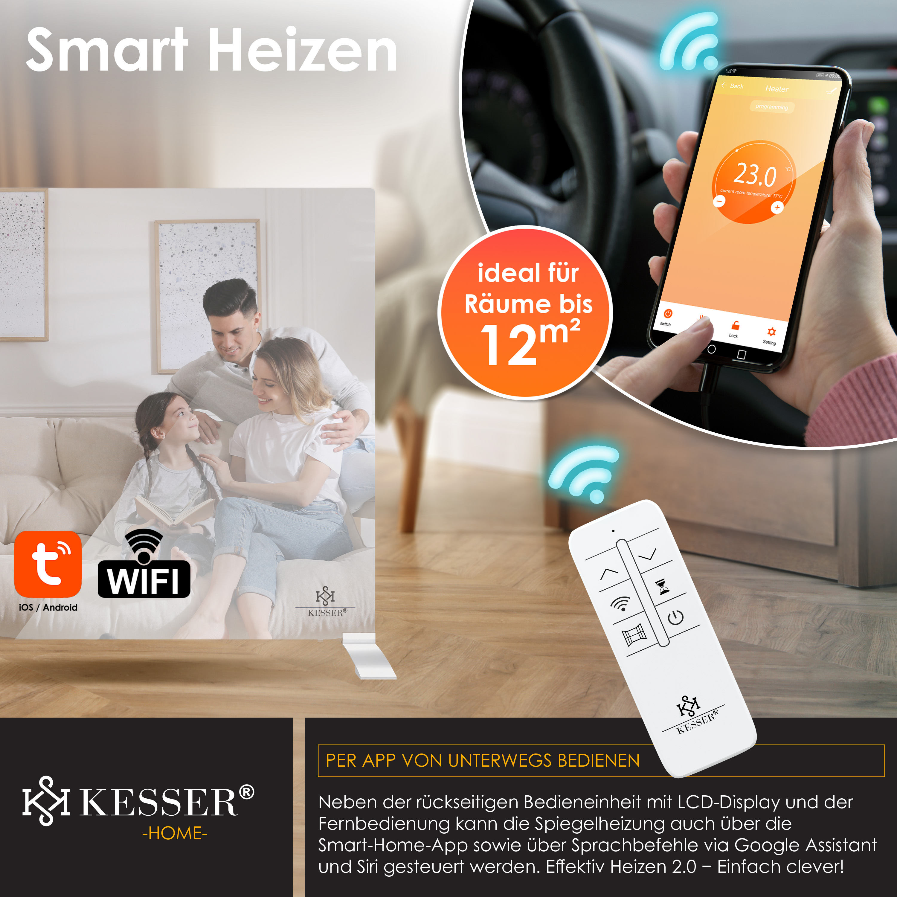 Smart Heizen mit Kesser Infrarotheizung Steuerung über App, Fernbedienung und Sprachbefehl.