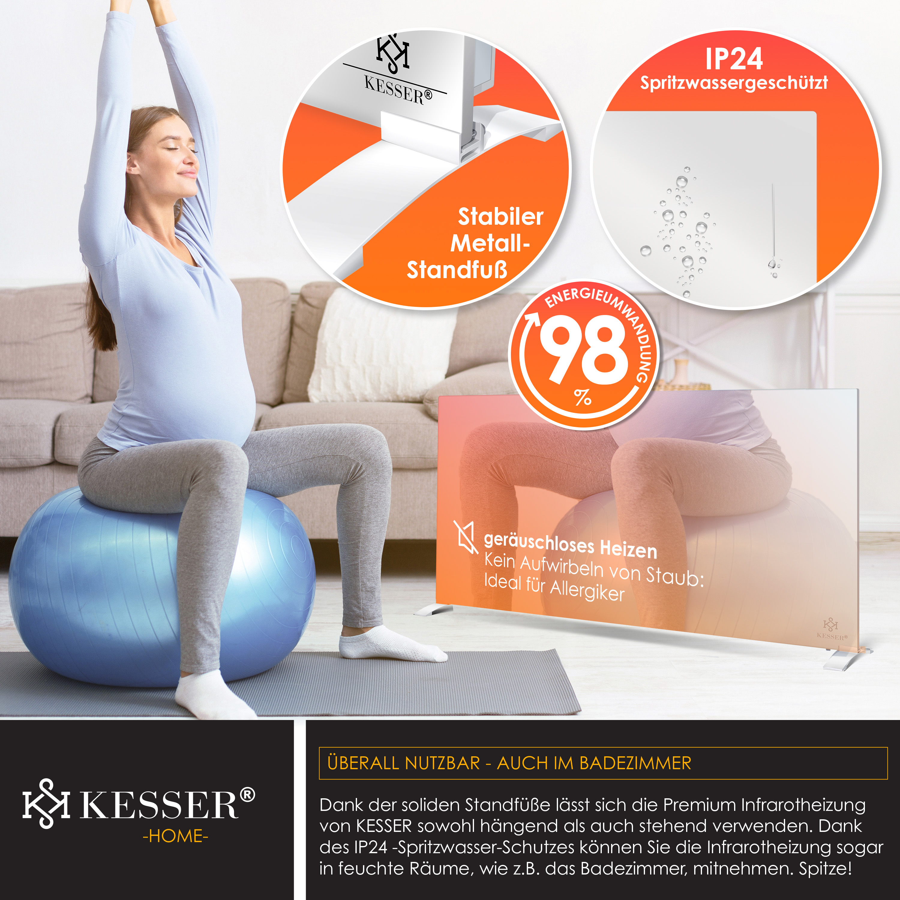 Schwangere Frau auf Gymnastikball und Infrarotheizung mit Produktmerkmalen.