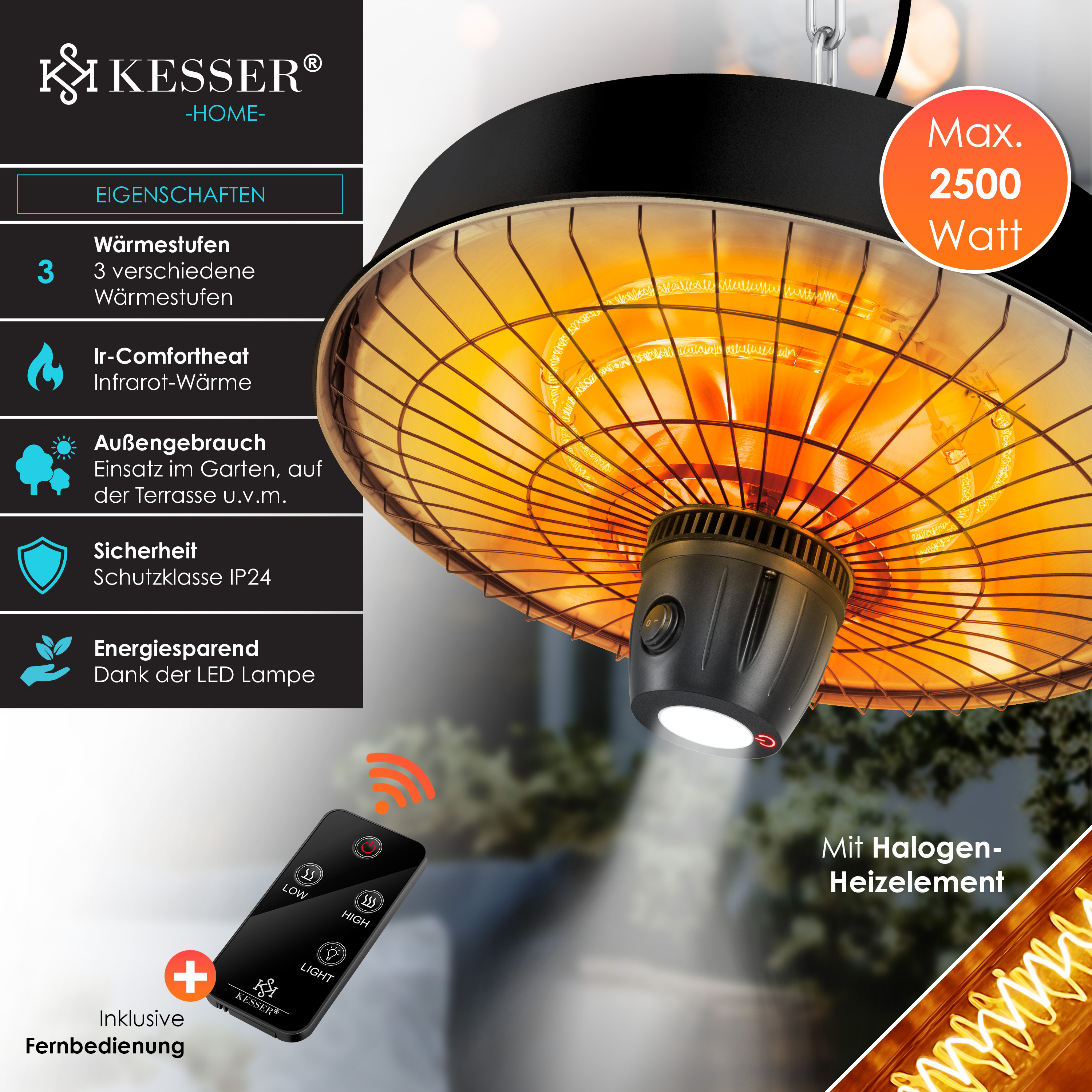 Schwarzer Infrarot-Heizstrahler mit 2500 Watt, Halogenelement, LED-Licht und Fernbedienung vor dunklem Hintergrund.