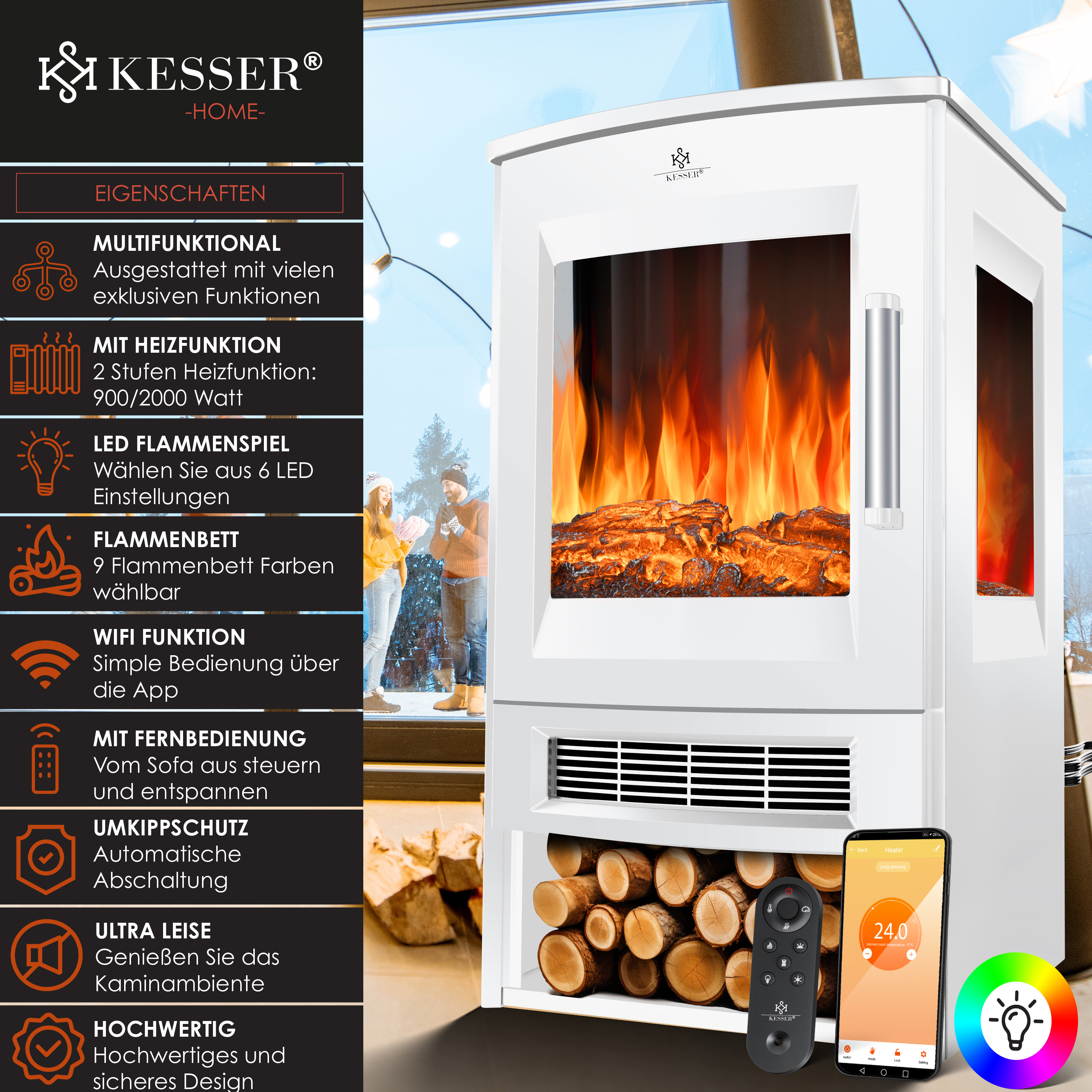 Weißer Kesser-Elektrokamin mit LED-Flammen, Holzscheiten, Fernbedienung, App-Steuerung und Funktionsübersicht.