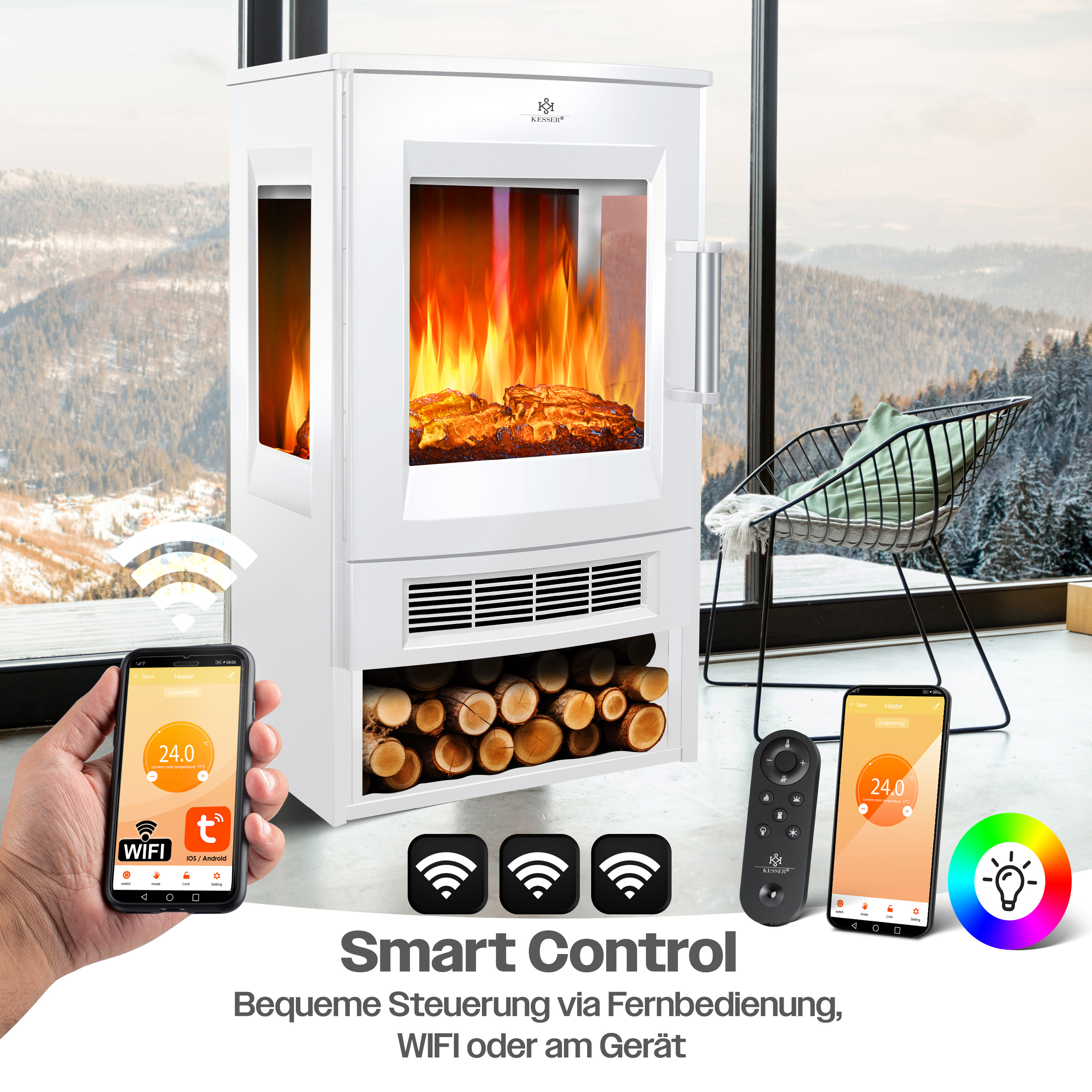 Weißer Kamin mit künstlichem Feuer, Holzstaufach, Smartphone-Steuerung und Fernbedienung vor verschneiter Bergkulisse.